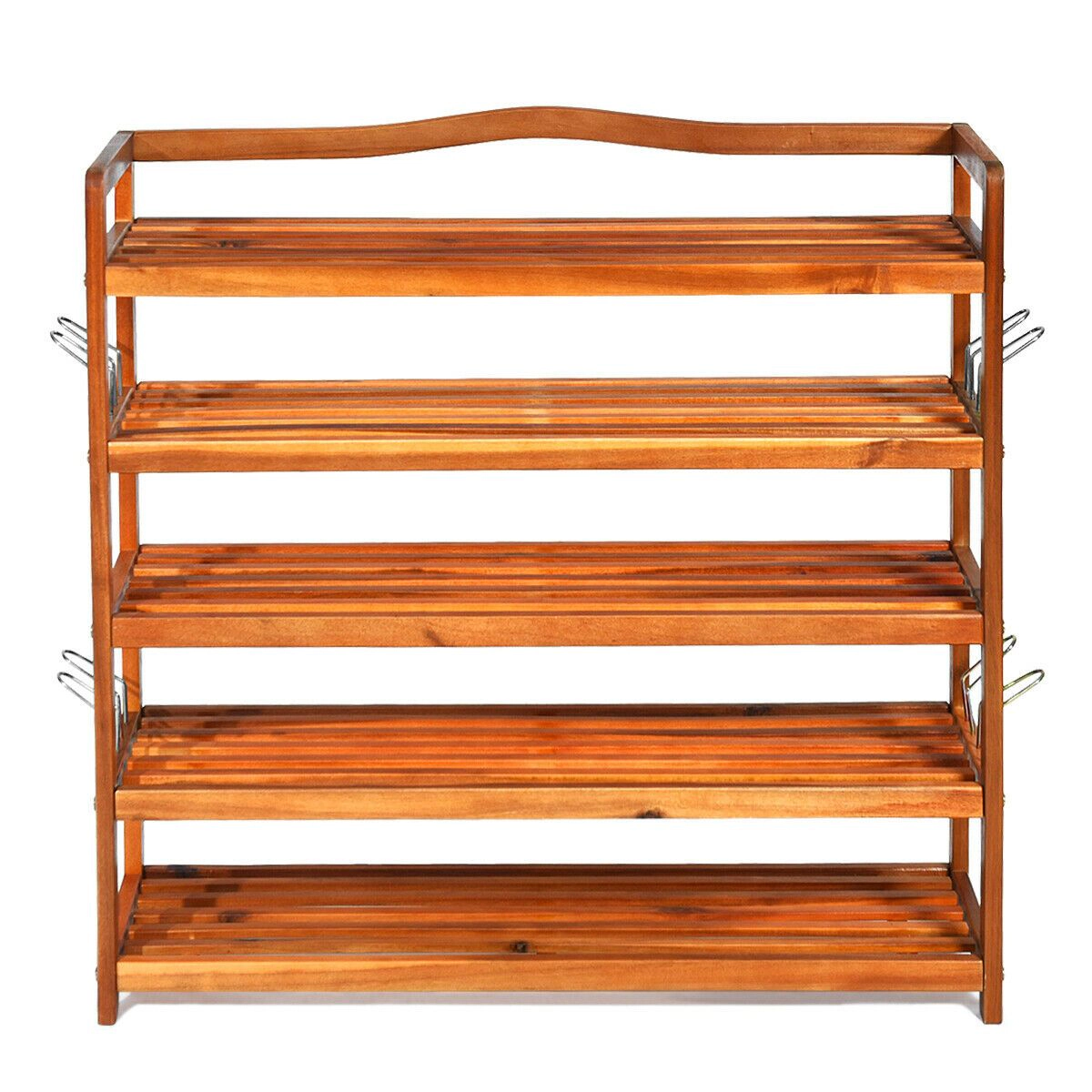 SlickBlue 5-Tier Acacia Wood Shoe Rack with Metal Hooks