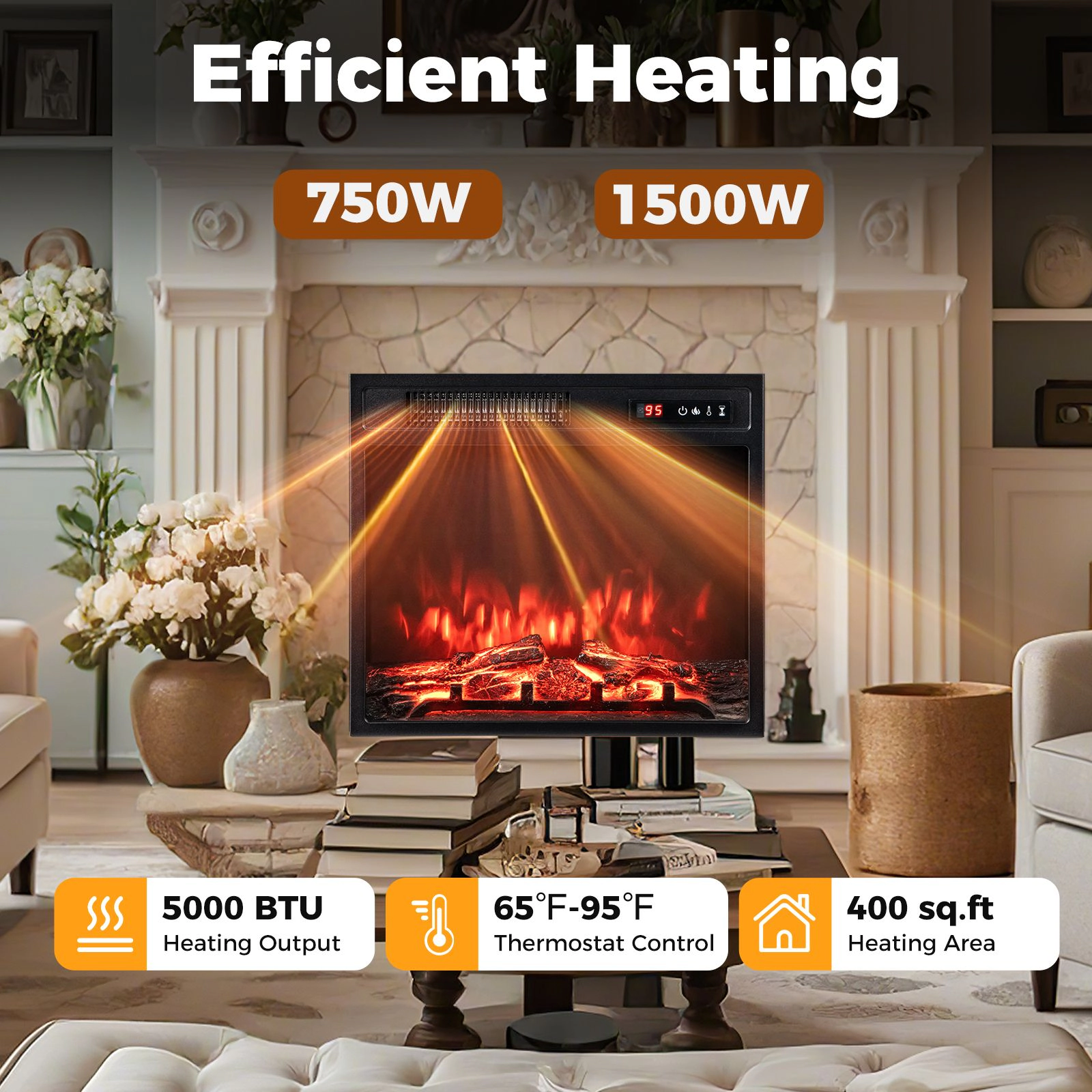 SlickBlue Black Metal Tempered Glass Electric Fireplace Insert, 5000 BTU, Remote Control