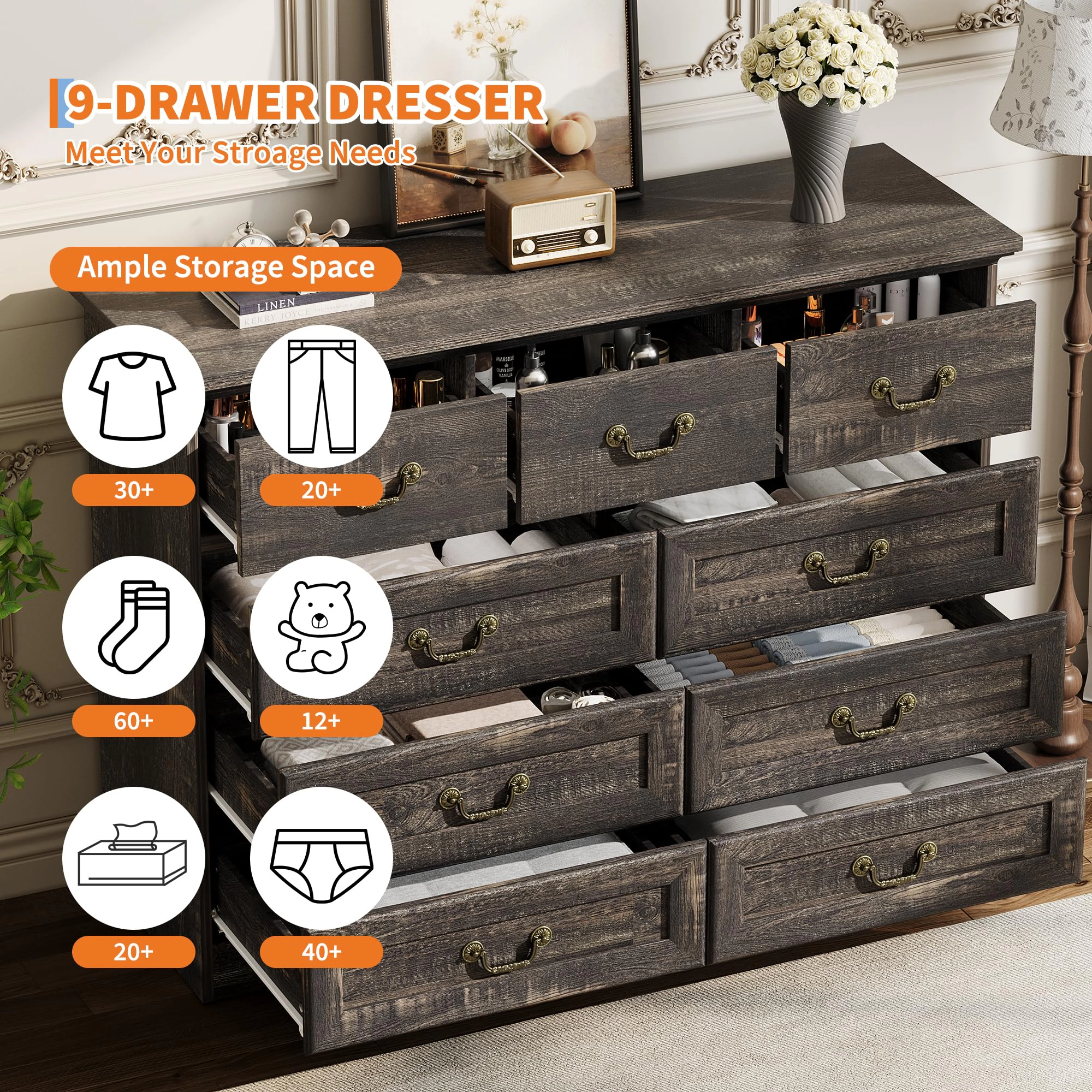 9 Drawer Farmhouse Dresser with Metal Handles, 47" Wide Wood Storage Chest for Bedroom Hallway