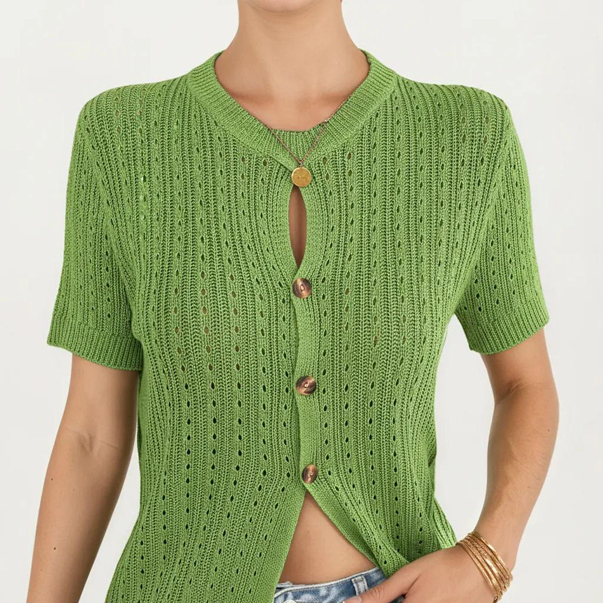 Anna-Kaci Women's Short Sleeve Open Knit Button Front Sweater Top with Crew Neck and Relaxed Fit