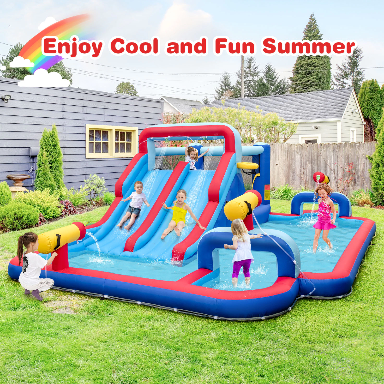 SUGIFT Inflatable Water Slide Bounce House Park Splash Pool 200-lb Capacity Ages 3-12 Multi-color 254.5 x 164.5 x 83 in