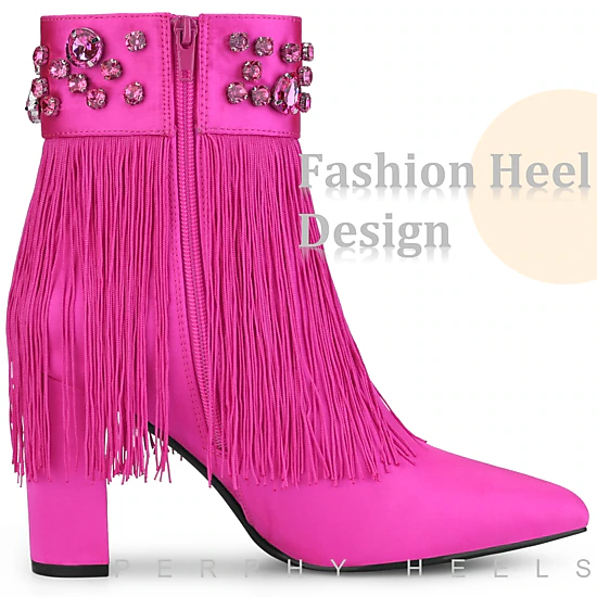 BLISSFUL STEP Women Pointed Toe Fringe Rhinestone Chunky Heel Ankle Boots