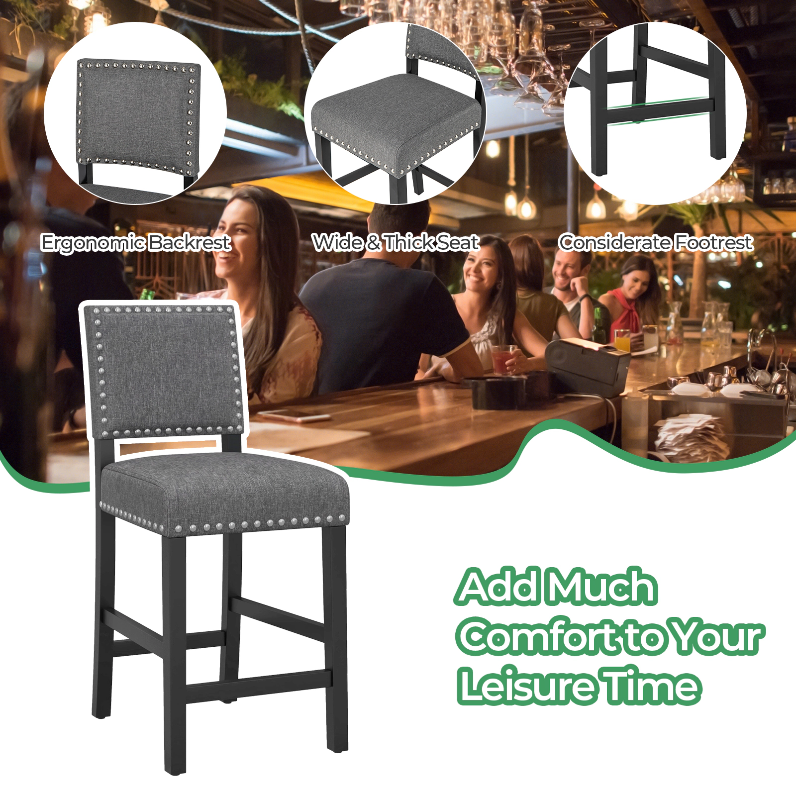 SUGIFT Set of 2 Gray Linen Counter-Height Bar Stools with Footrests