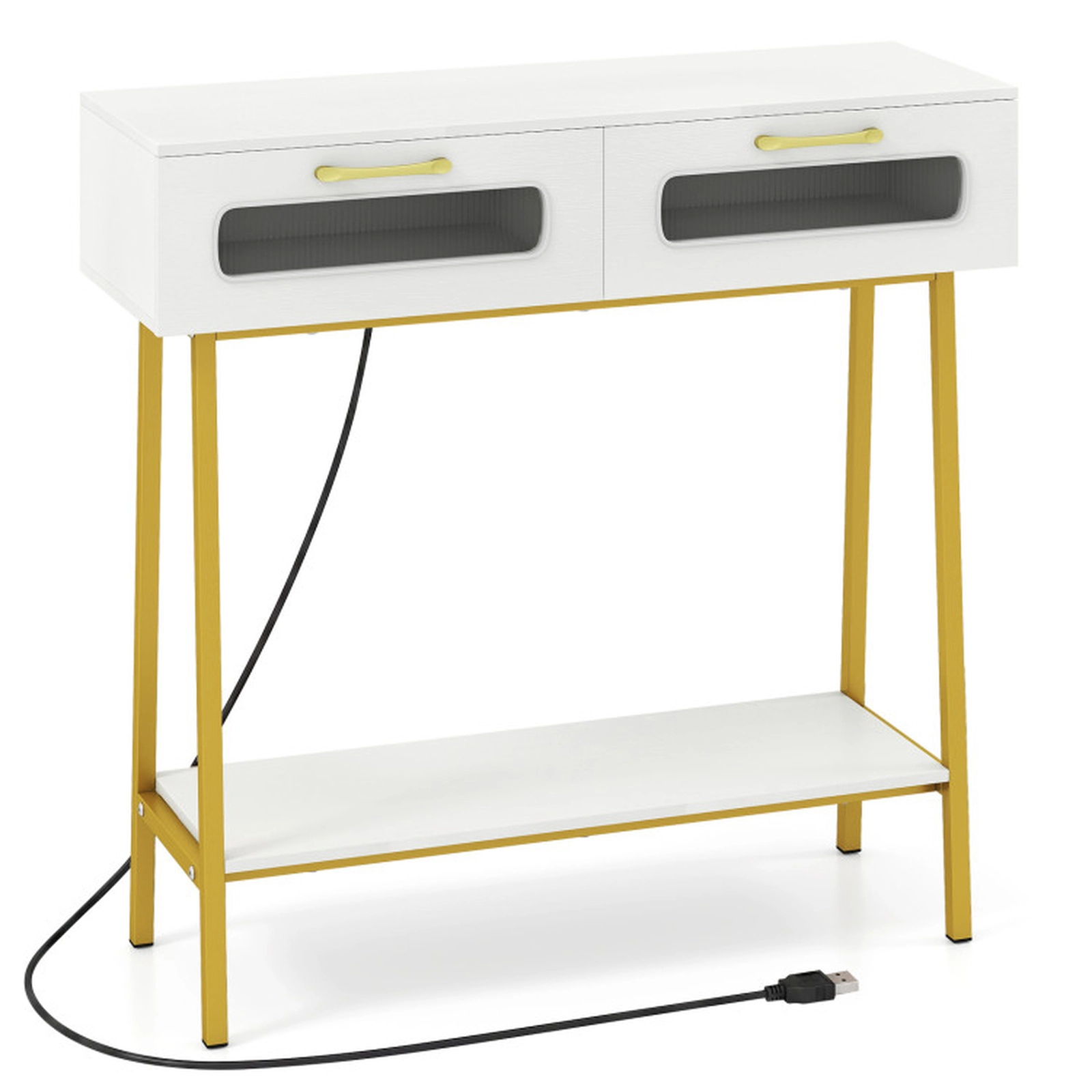 SUGIFT LED Console Table with Remote Control and Open Shelf 100-lb Tabletop Capacity 2-Drawer 36-in Wide White & Gold