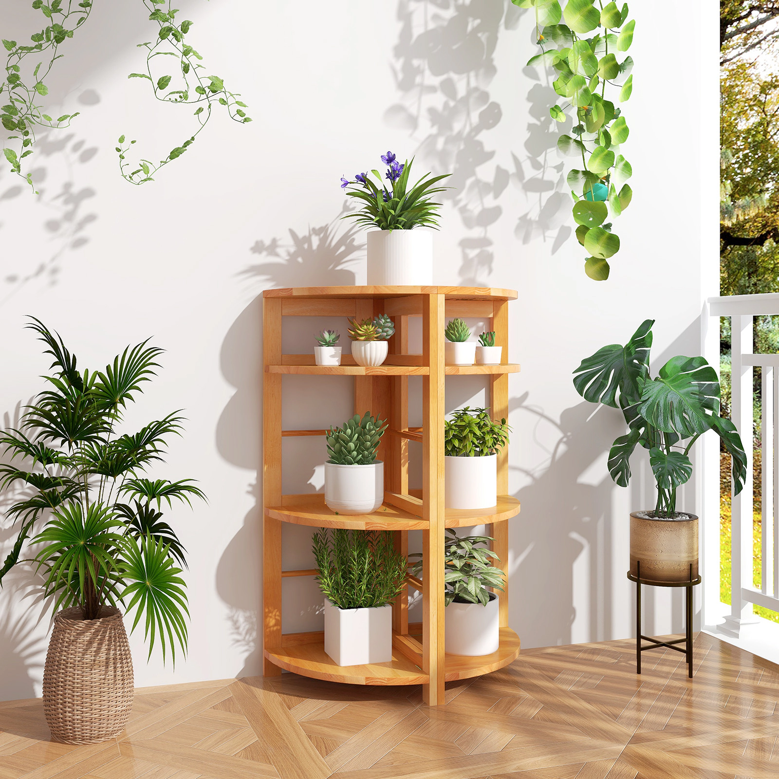 SUGIFT 4-Tier Natural 34-in Rubber Wood Corner Bookshelf Plant Stand Display Rack with Anti-Toppling Kit