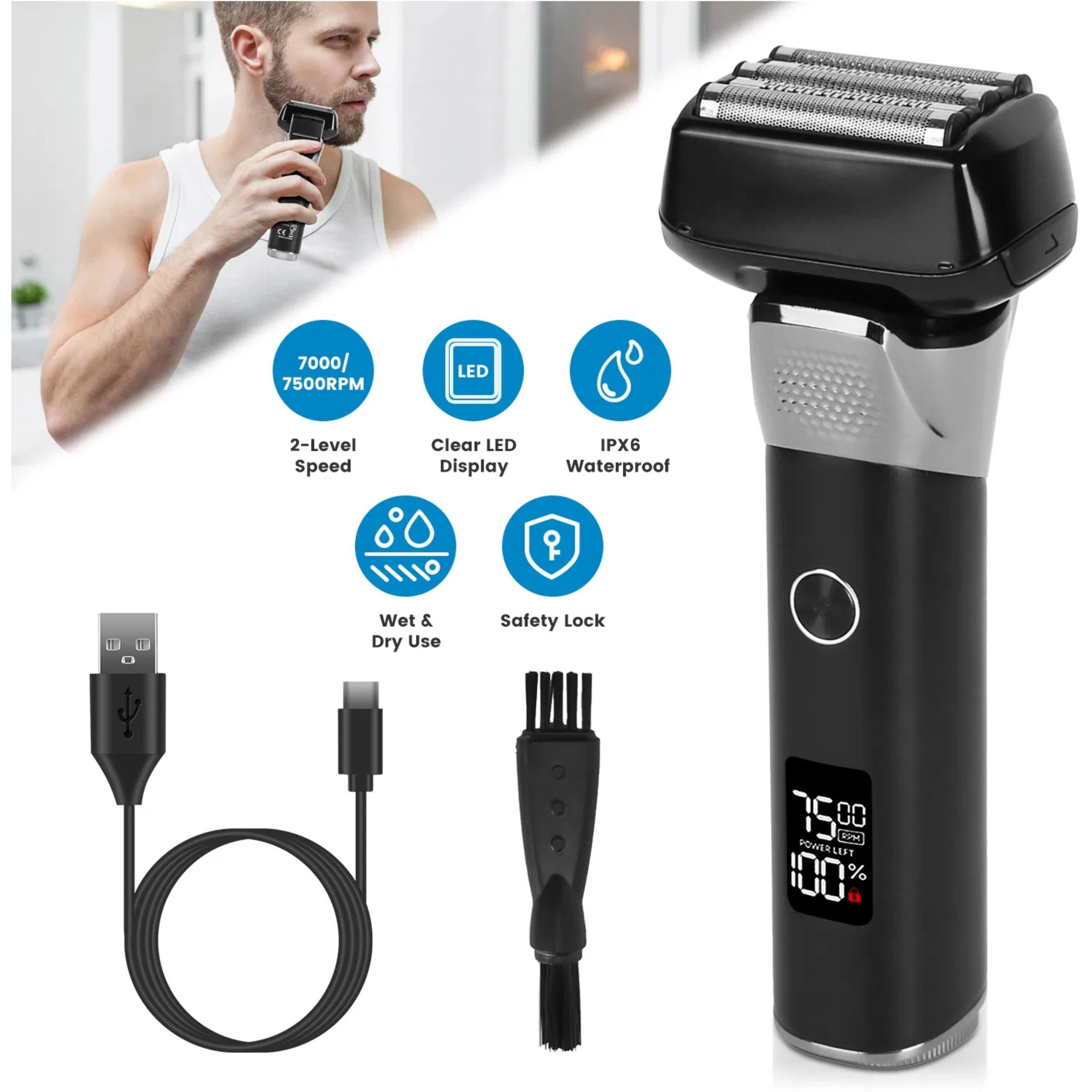 SS Design Men's 5 Blade Electric Foil Face Shaver Waterproof Black