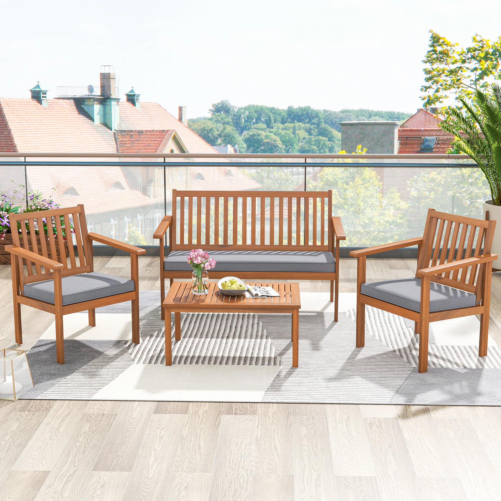 SUGIFT 4-Piece Gray Acacia Wood Patio Conversation Set with Loveseat, Armchairs and Coffee Table