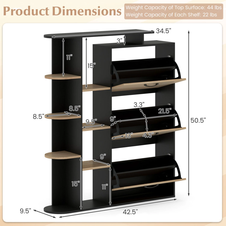 Hivvago Shoe Cabinet with Open Shelves Modern Organizer 3 Flip Drawers