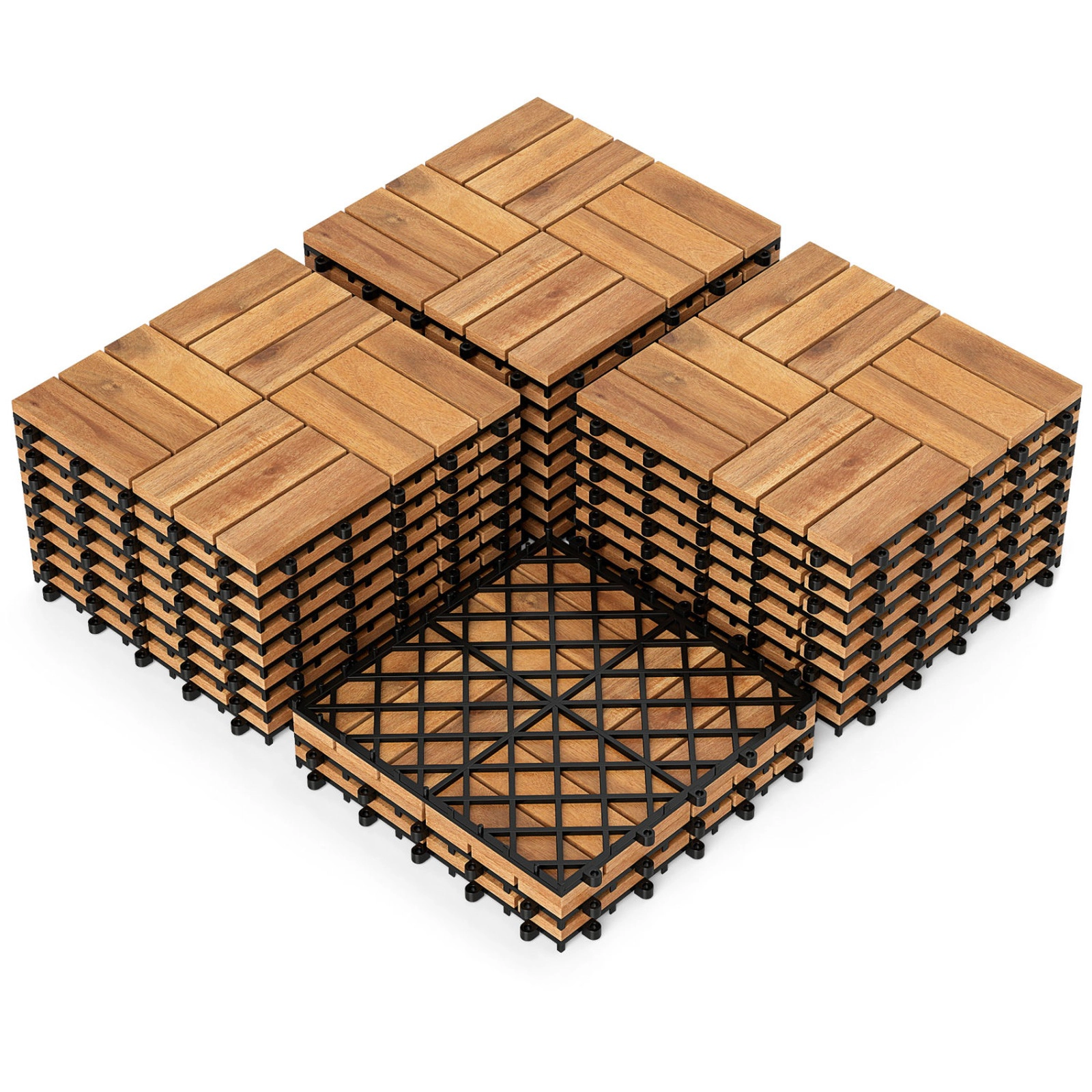 SUGIFT 12 x 12-in Interlocking Acacia Wood Deck Tiles Mat 500-lb Capacity 27-Piece Set Natural Color