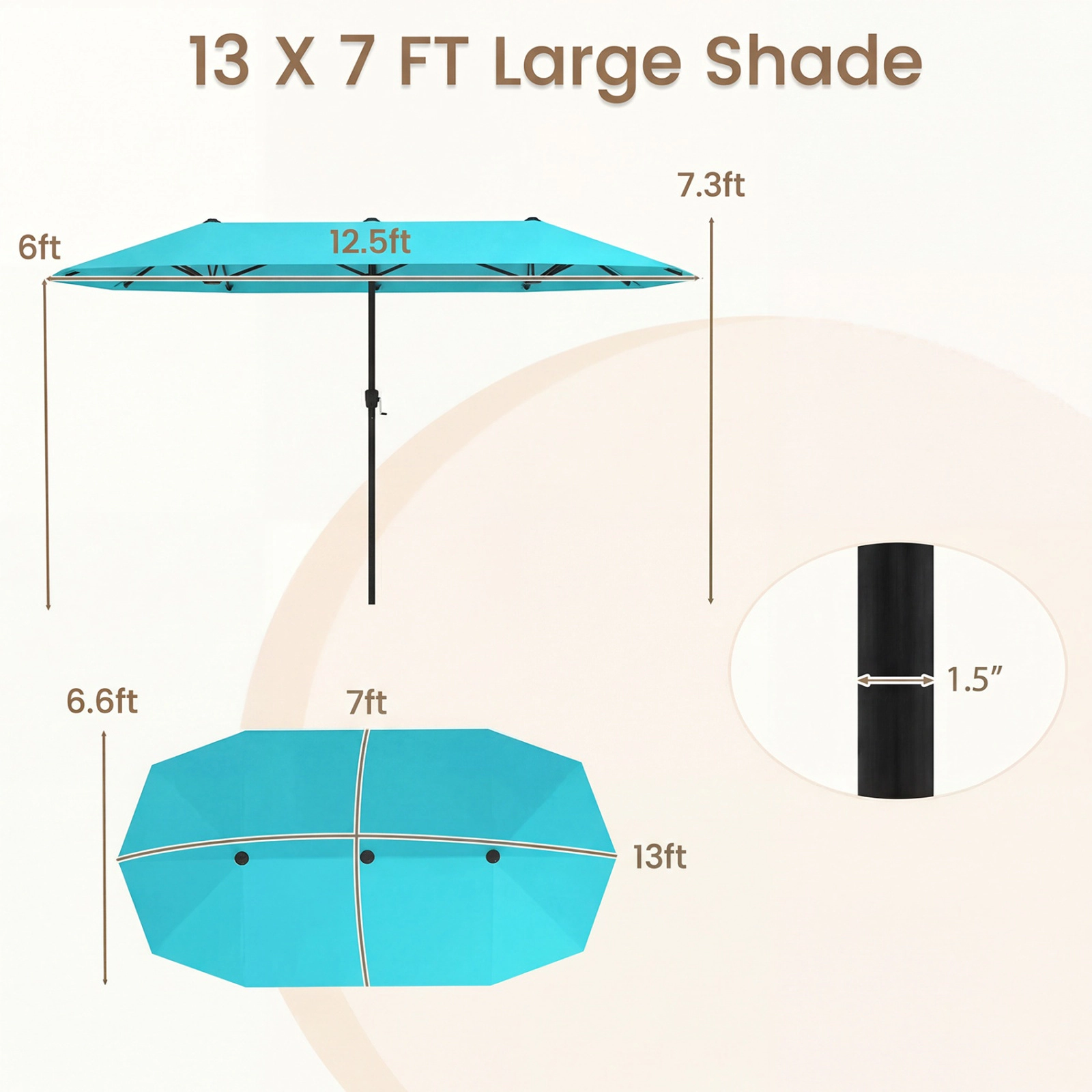 SUGIFT 13-ft Turquoise Rectangular Double-Sided Market Patio Umbrella with Hand Crank and 12 Ribs for Yard