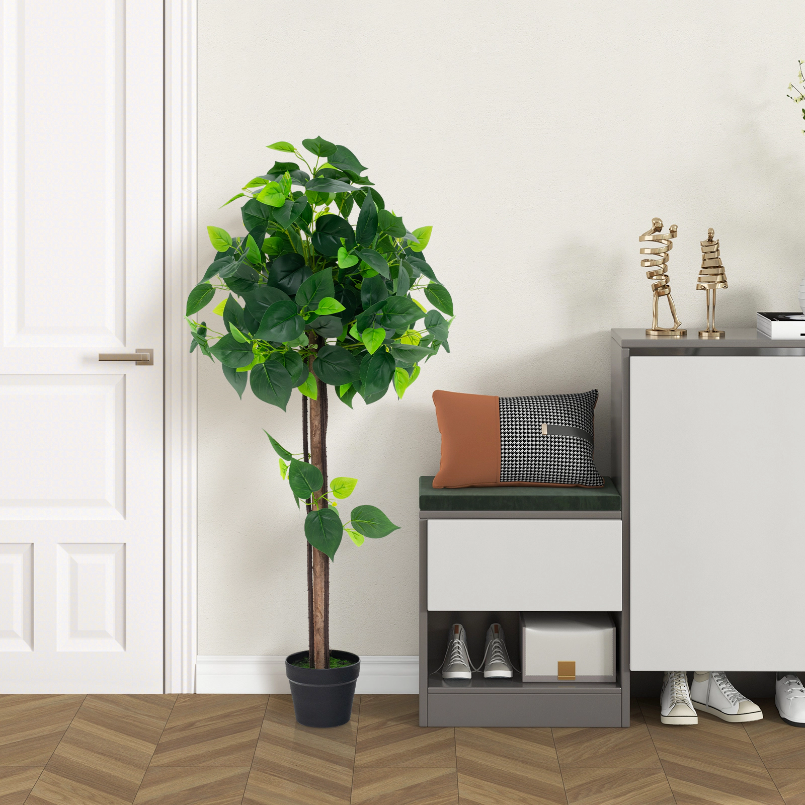 SlickBlue Artificial Hydrangea Tree with Mixed Green Foliage and Cement Filled Pot for Home Decor