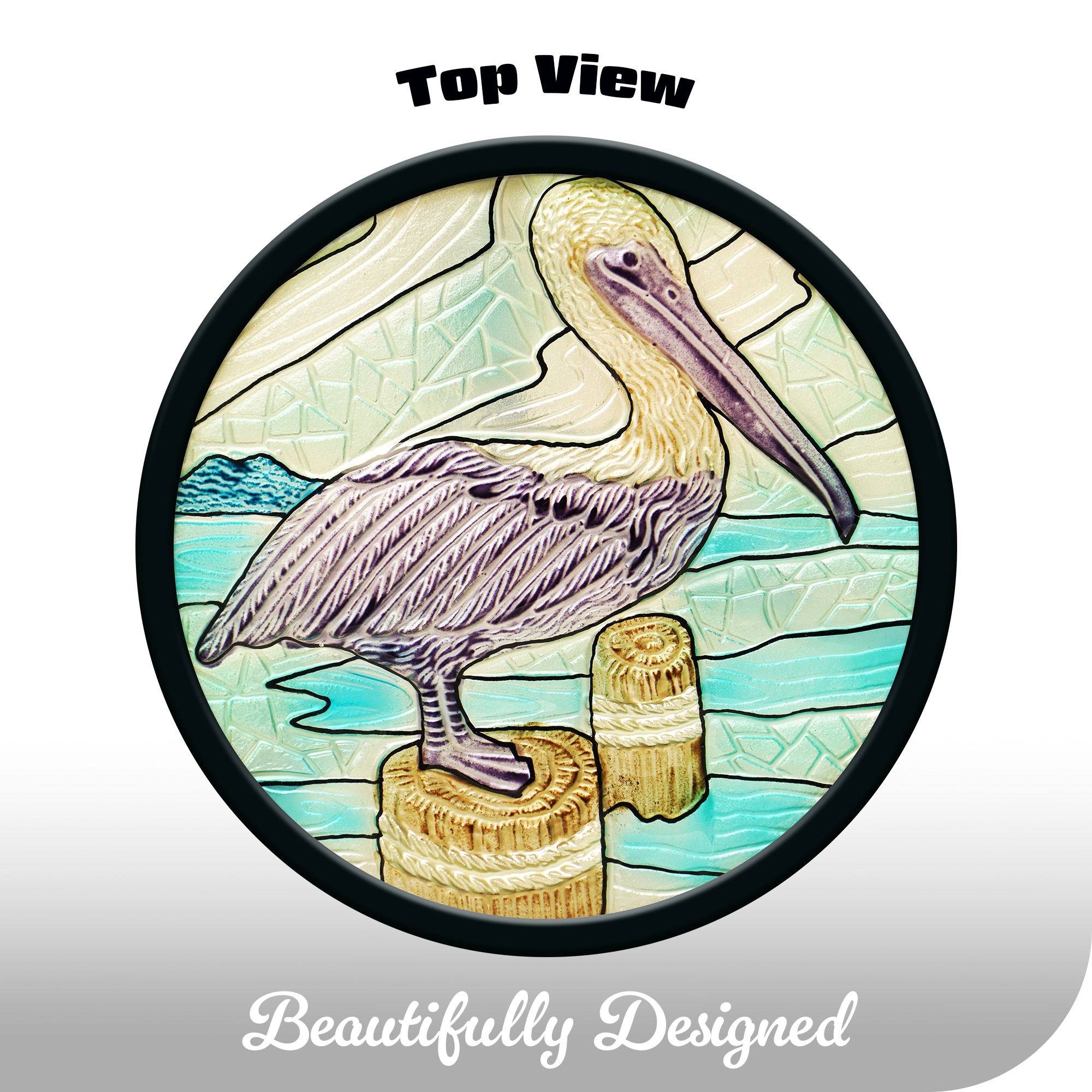 G128 12 in Round Glass Outdoor Side Table Pelican Pattern, Foldable Metal End Table for Garden Patio Porch Living Room