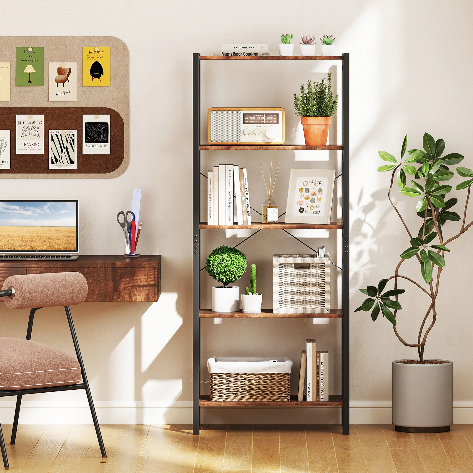 SUGIFT 5-Tier Industrial Bookshelf 63.5 with Back X-Brace Steel Frame