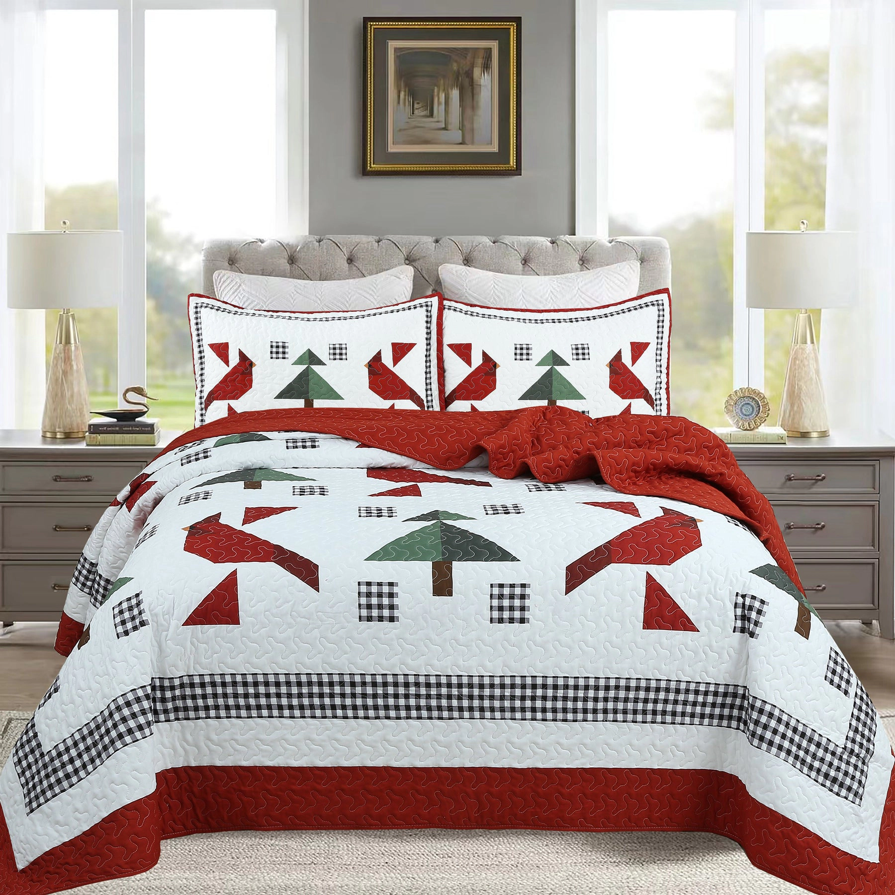 MarCielo 3 Piece Christmas Cardinal Quilt Set – Winter Holiday Bedspread Set