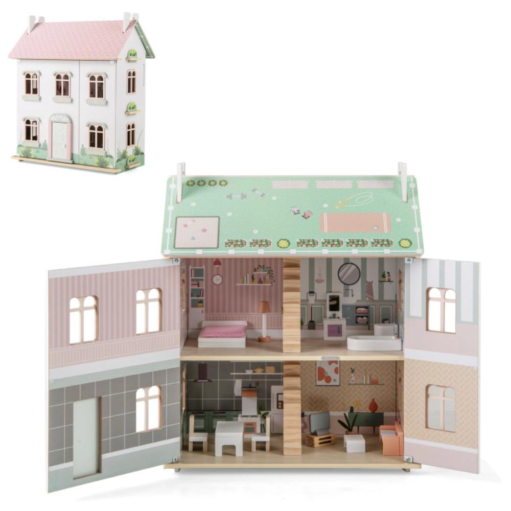 Hivvago Kids Wooden Dollhouse 3 Level with Double-Sided Roofs and Doors-Pink