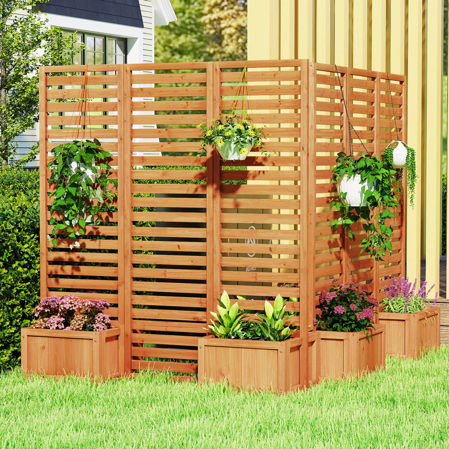 LJG 3-Panel Solid Wood Frame Freestanding Garden Fence with 2 Self-Draining Planter Boxes