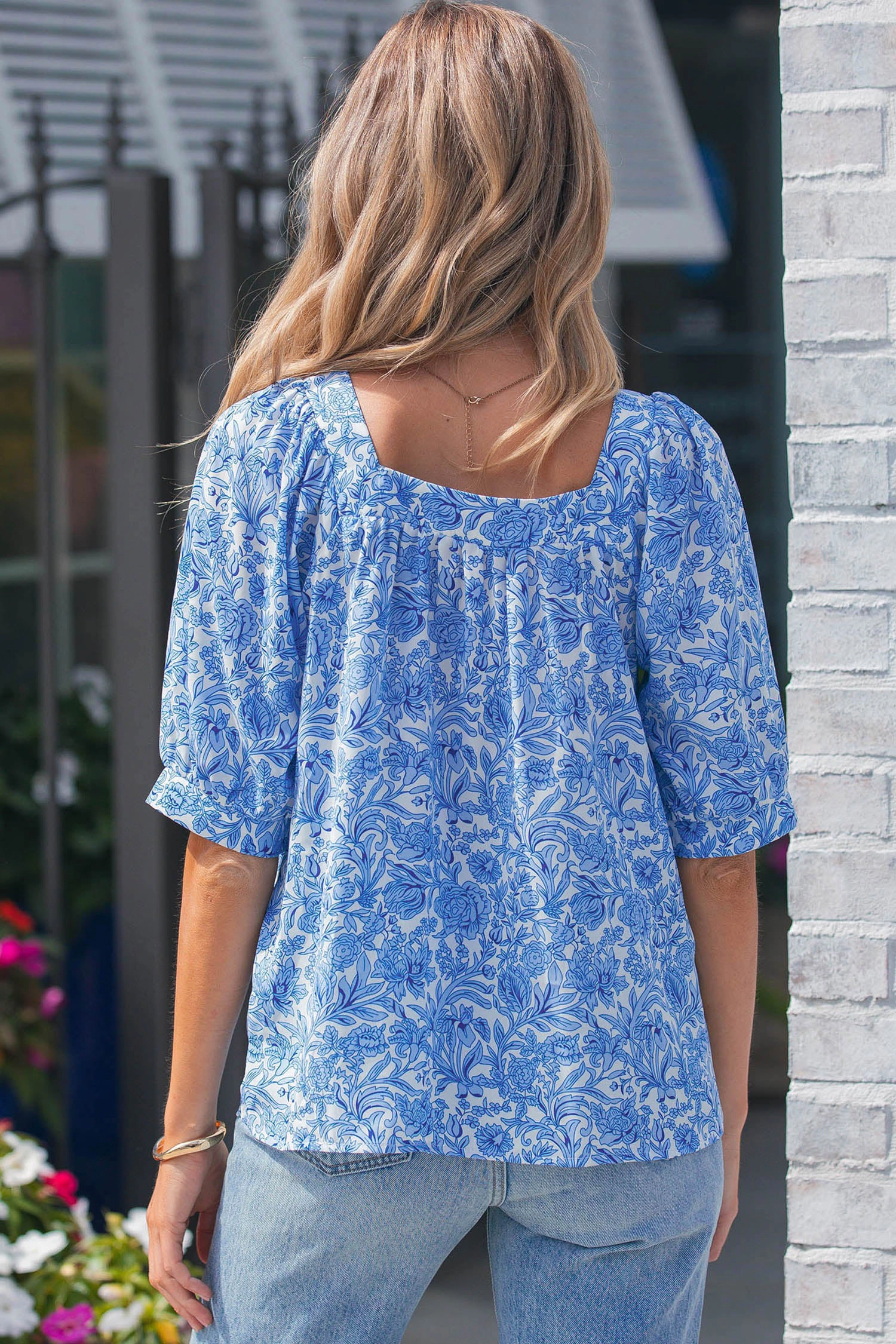 Threaded Pear Womens Lyanna Pleated Square-Neck Floral Blouse - Sky Blue