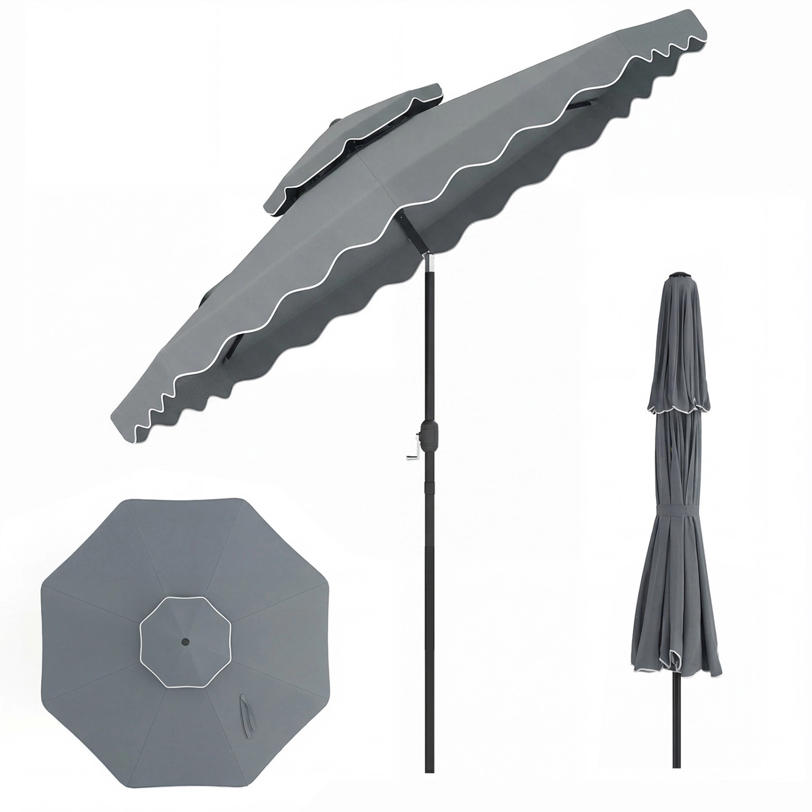 SUGIFT 9-ft Gray Ruffled Market Patio Umbrella, Vented Top, Crank Lift, Push-Button Tilt