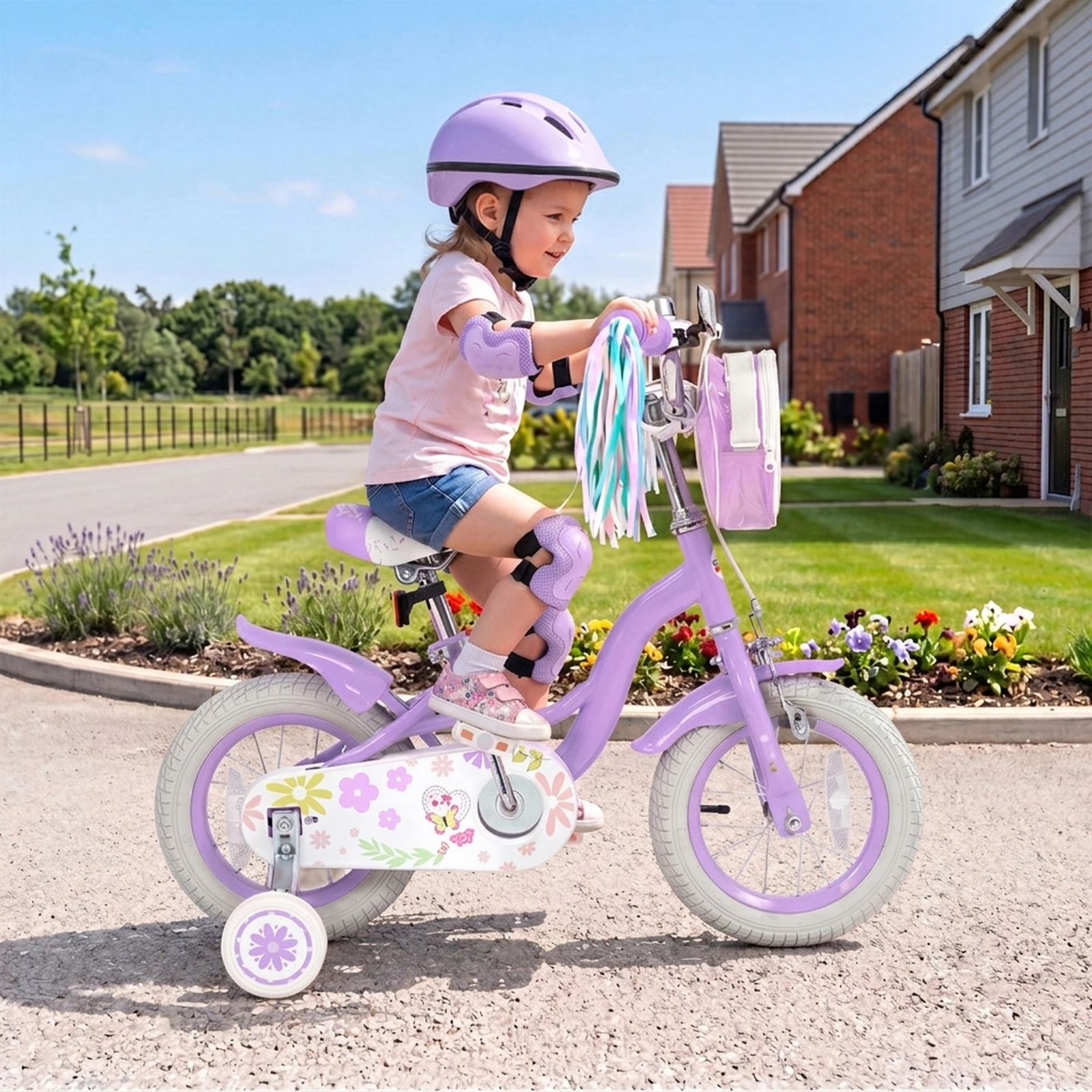 SUGIFT Adjustable 12-Inch Girls Bike with Front Bag, Streamers and Training Wheels 110-lb Seat Capacity Ages 3-4 Purple