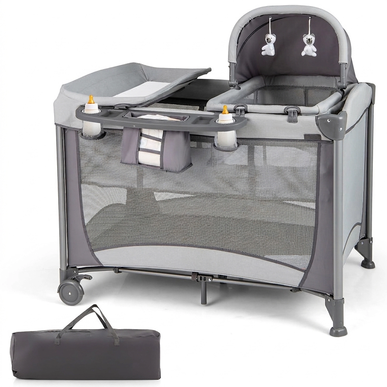 SUGIFT 5-in-1 Large Baby Play Yard with Removable Canopy Cradle 4-Sided Mesh Netting and Storage Basket