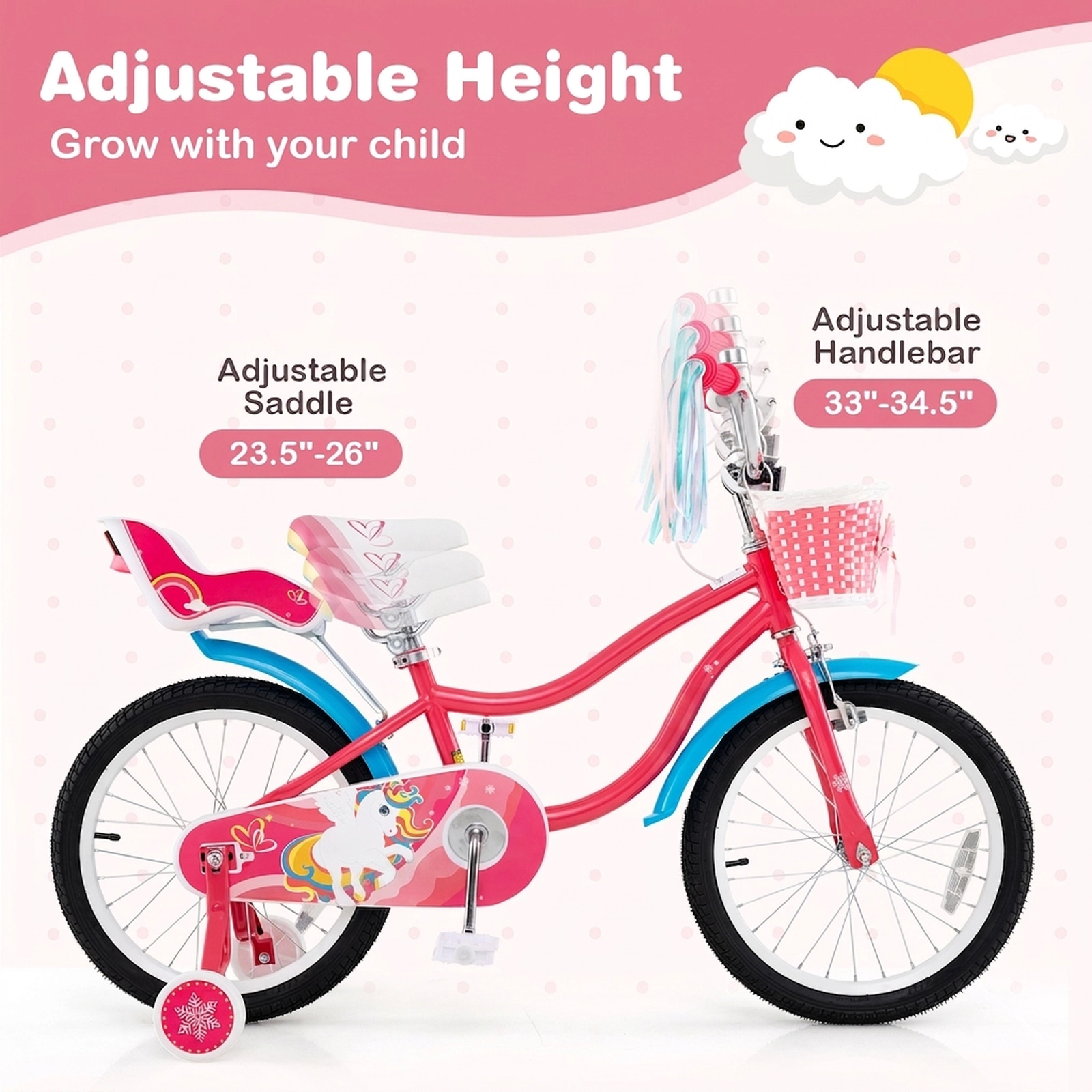 18-in Girls Bike with Doll Seat Front Basket and Removable Training Wheels for Ages 4-8 Quick-Release Adjustable
