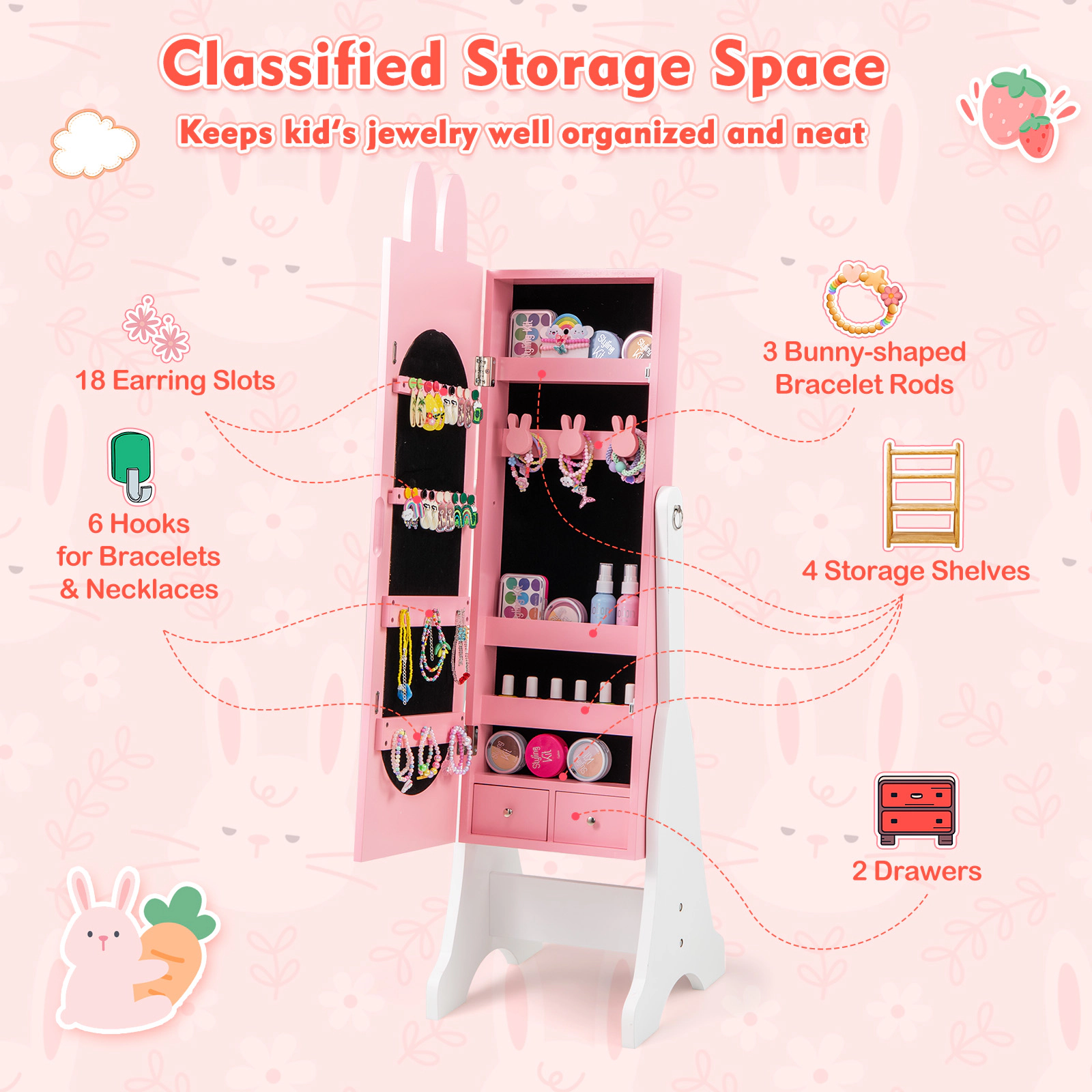SUGIFT Kids Jewelry Armoire with Full-Length Mirror 2 Tilt Angles 2 Drawers and Rabbit Theme Design