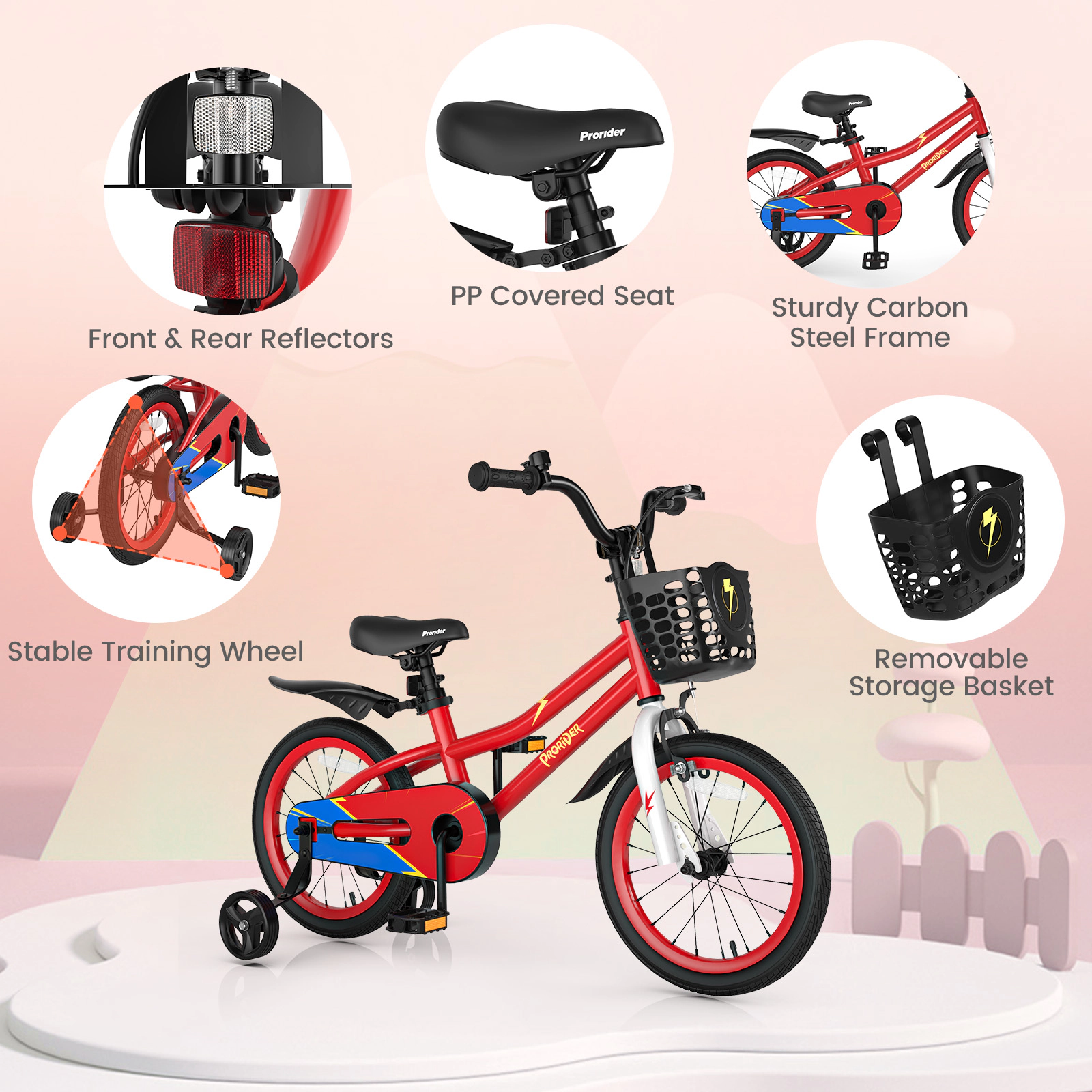 16-in Kids Bike Removable Training Wheels Ages 4-7 Carbon Steel Bicycle Hand Brake Coaster Brake Front Basket