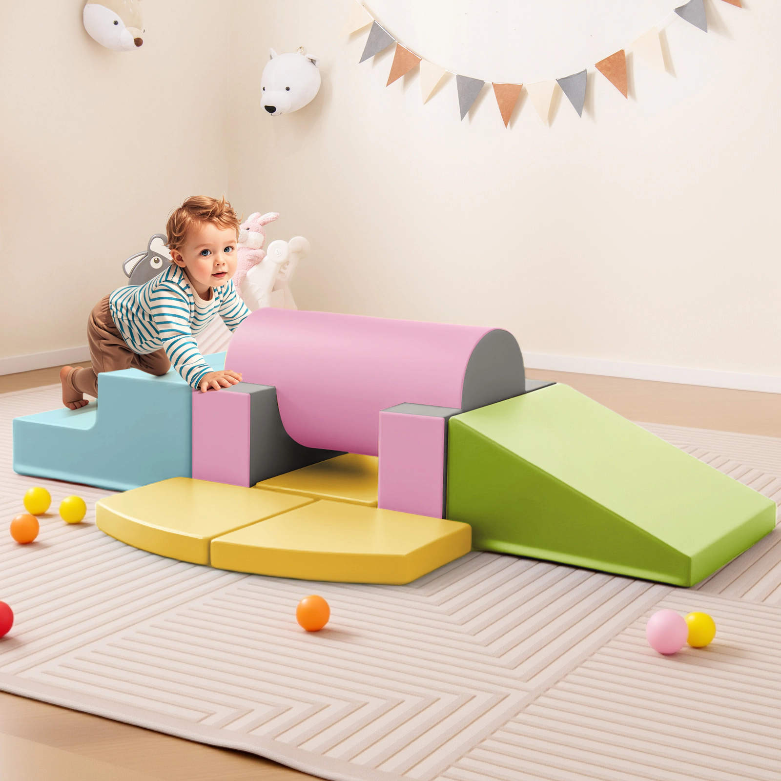 10-Piece Foam Climbing Toys for Toddlers PU Leather Soft Building Blocks with Hook and Loop Fasteners Ages 1-3 Yellow