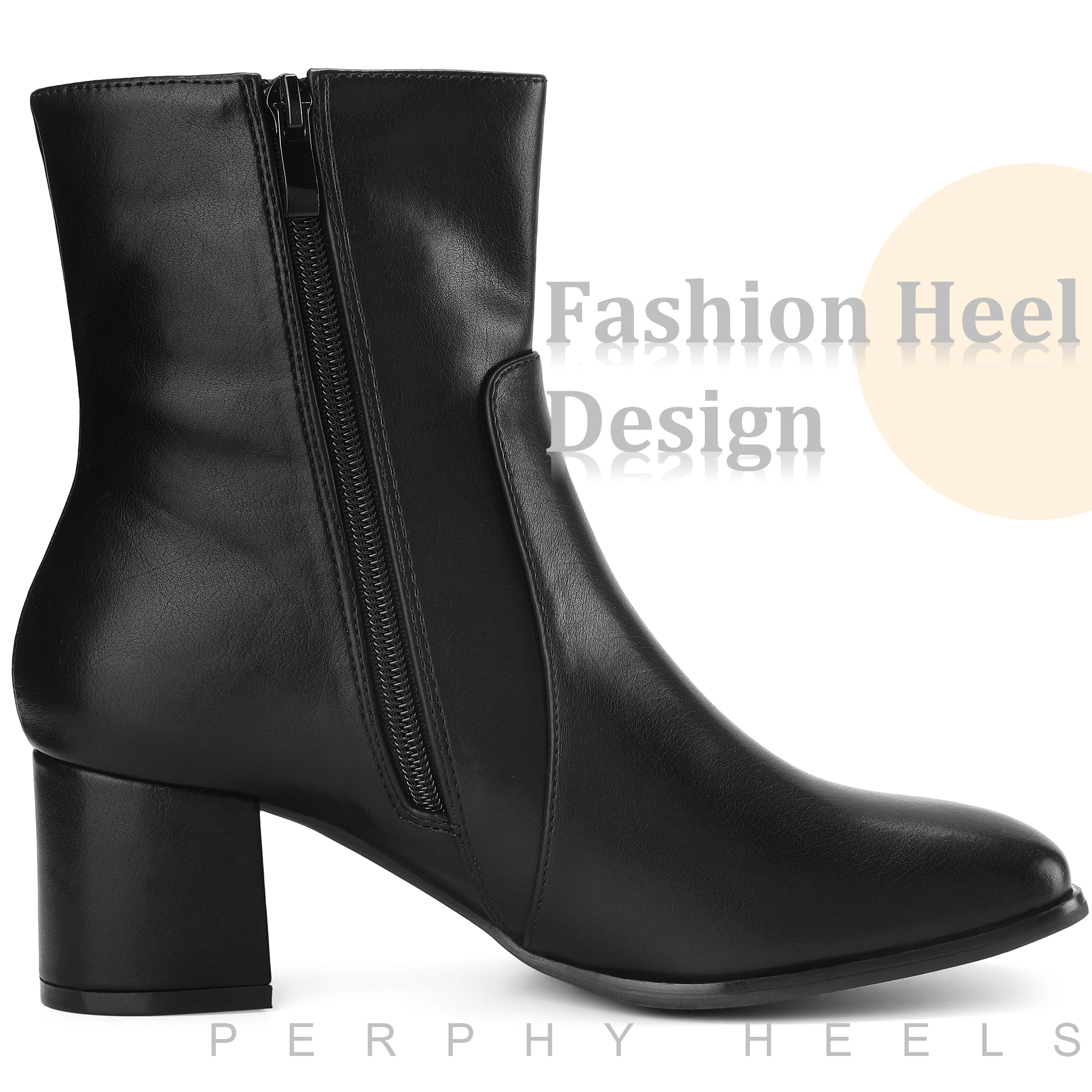 BLISSFUL STEP Women's Square Toe Side Zip Chunky Heel Ankle Boots