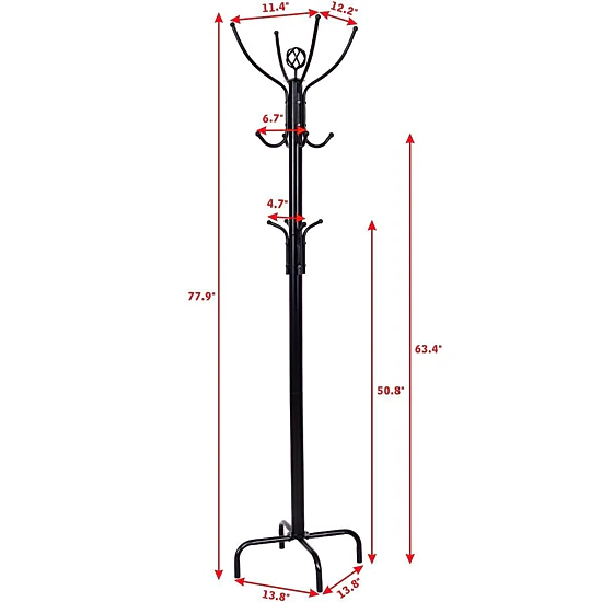 Glintex 12-Hook Metal Coat Rack with 3-Layer Structure and Powder-Coated Steel, Black