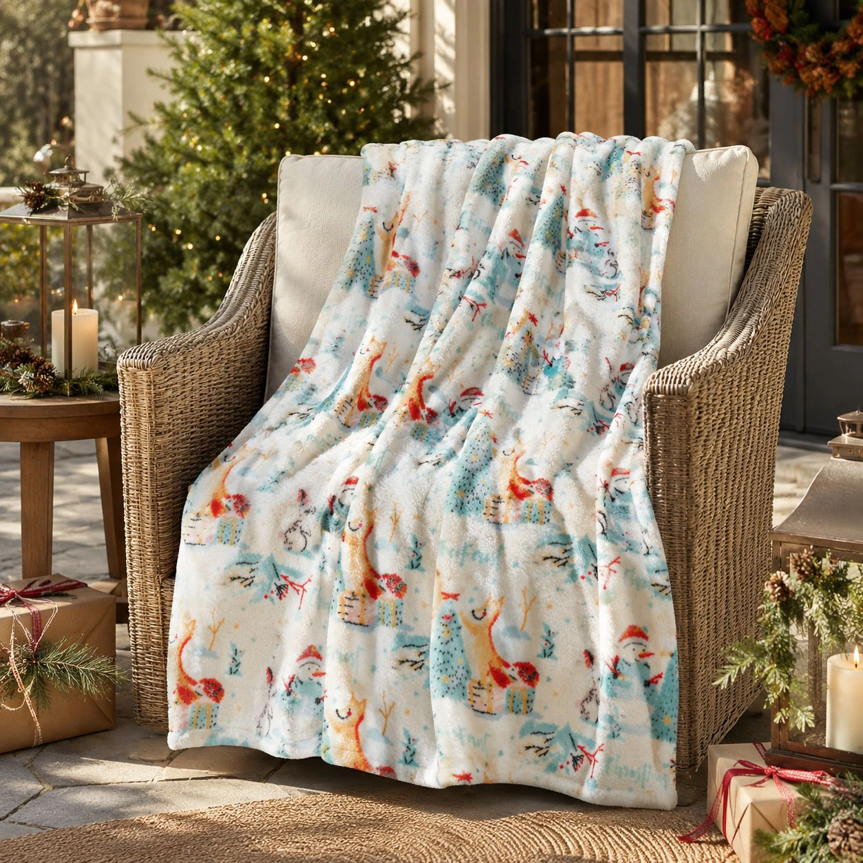 Kate Aurora Ultra Soft & Cozy Christmas Forest Friends Santa Plush Throw Blanket Cover