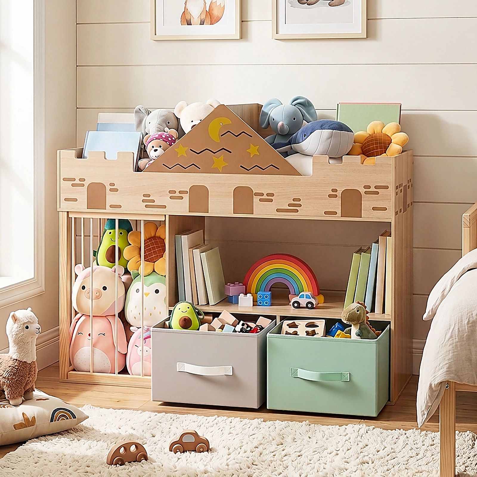 SUGIFT Castle Toy Storage Organizer with Stuffed Animal Storage 35-lb Shelf Capacity Ages 3+ Natural/White