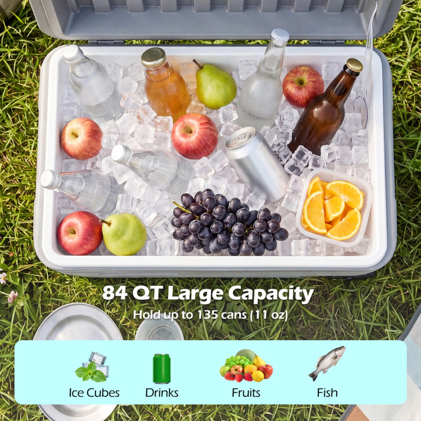 SUGIFT 84 Quart Portable Wheeled Ice Cooler with Pull Handle 330-lb Top Capacity 28-in Exterior 23.5-in Interior Gray