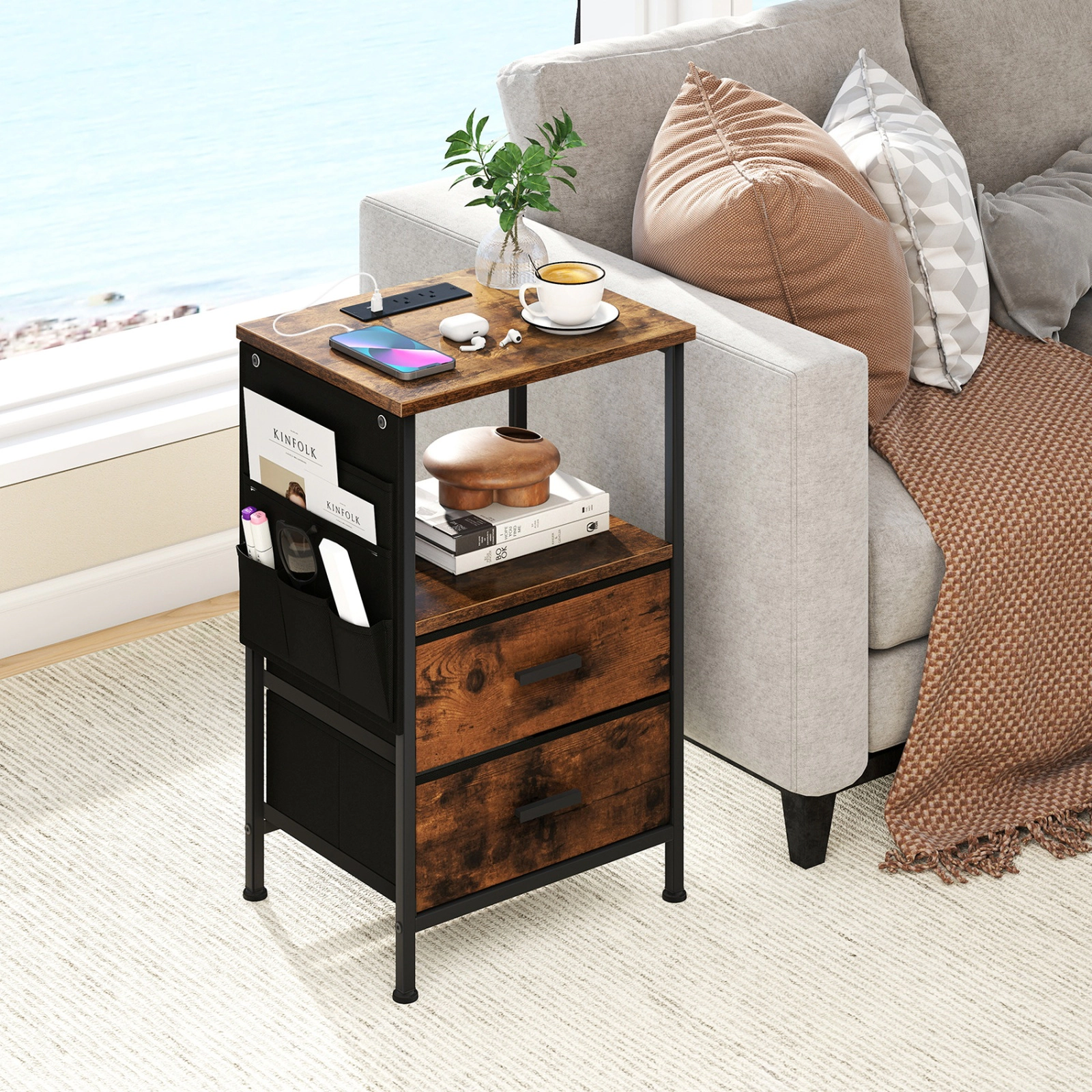 SUGIFT 23.5-in Rustic Brown LED Nightstand with Charging Station and 2 Fabric Drawers