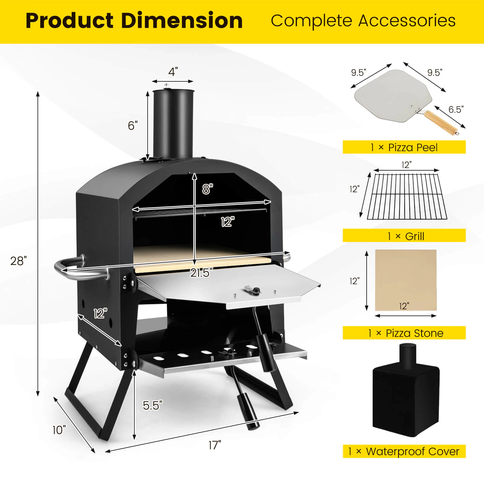 SUGIFT 2-Layer Black Outdoor Pizza Oven with 12-in Pizza Stone Foldable Legs and Anti-Scalding Handles