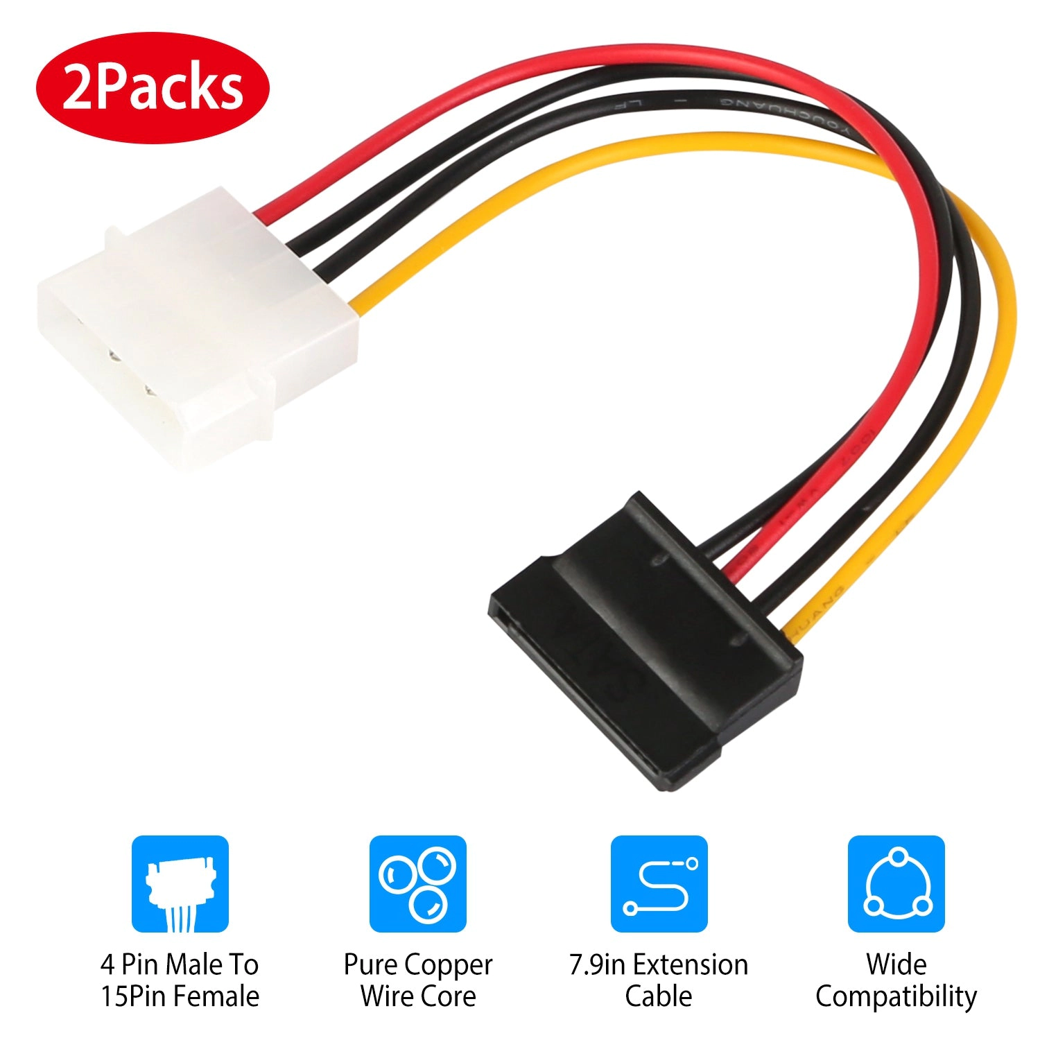 GBruno 4-Pin To 15-Pin SATA Power Cable Adapter 2-Pack