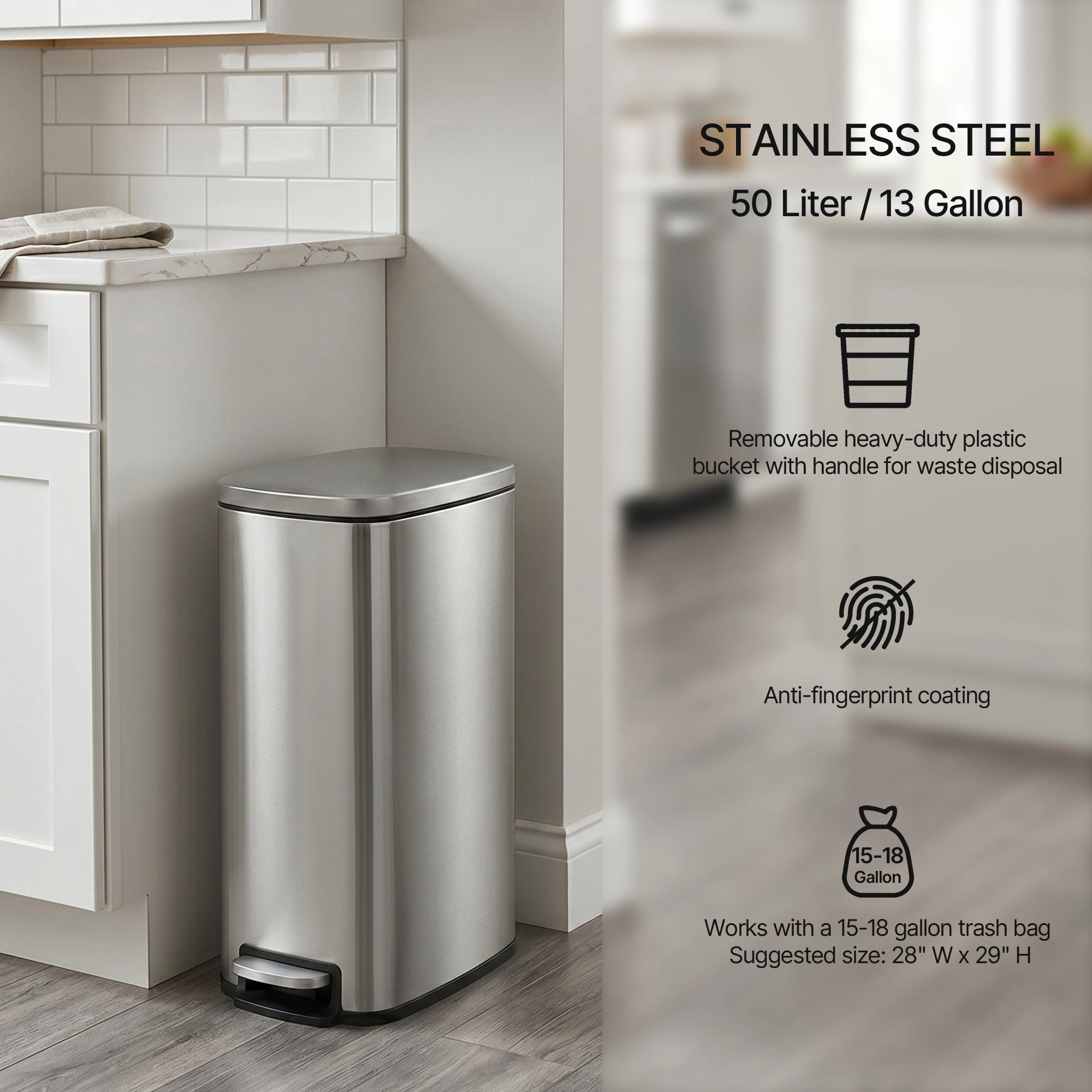Innovaze 13 Gal./50 Liter Slim Stainless Steel Step-on Trash Can for Kitchen