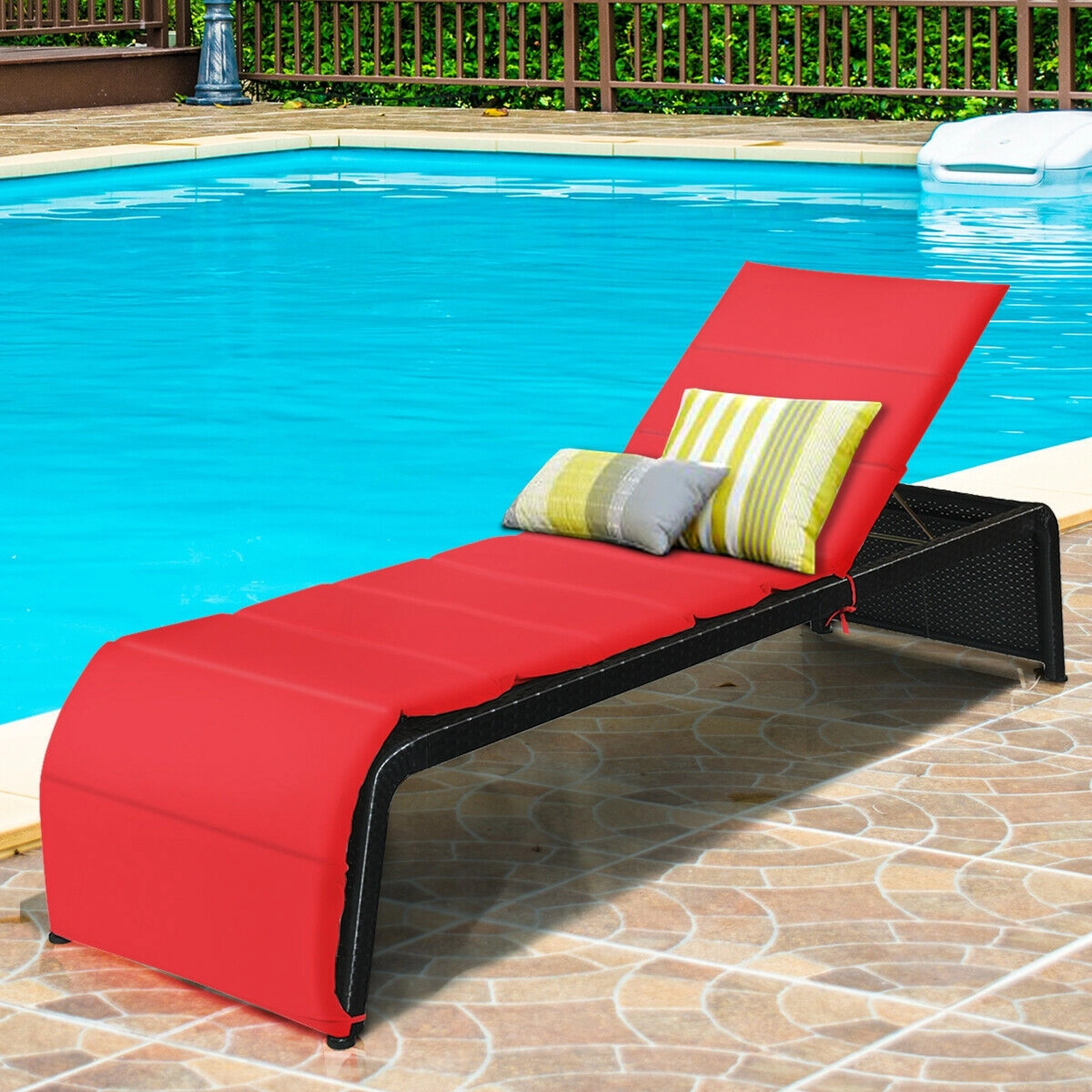 SUGIFT Red Patio Rattan Lounge Chair, 5-Position Reclining Backrest, Washable Cushion