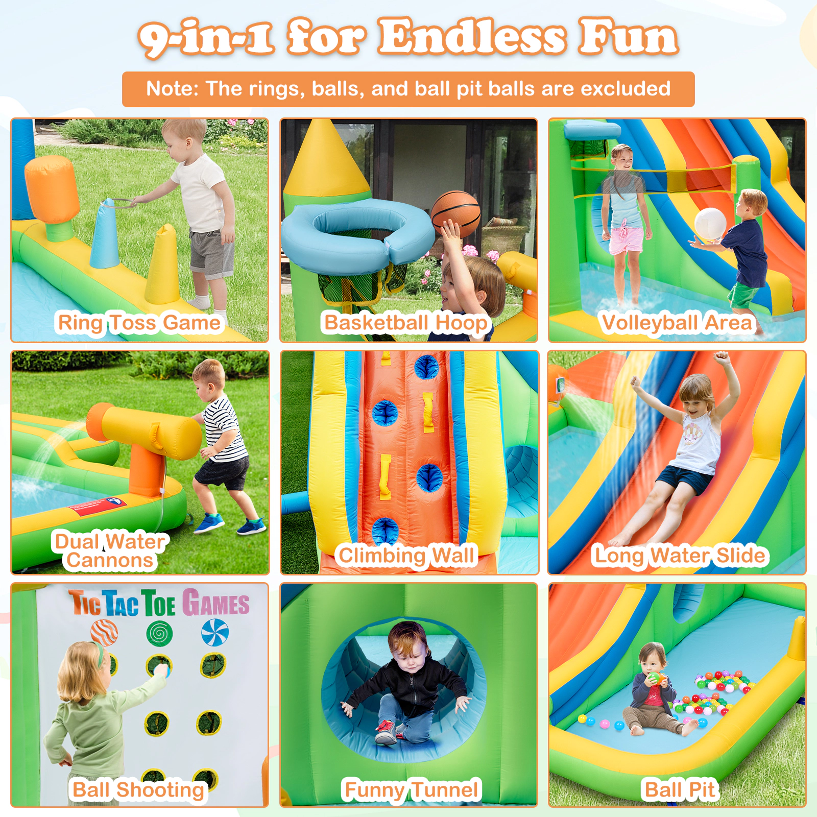 SUGIFT Inflatable Water Slide with 140-in Splash Pool Ball Pit Climbing Wall and Volleyball Area