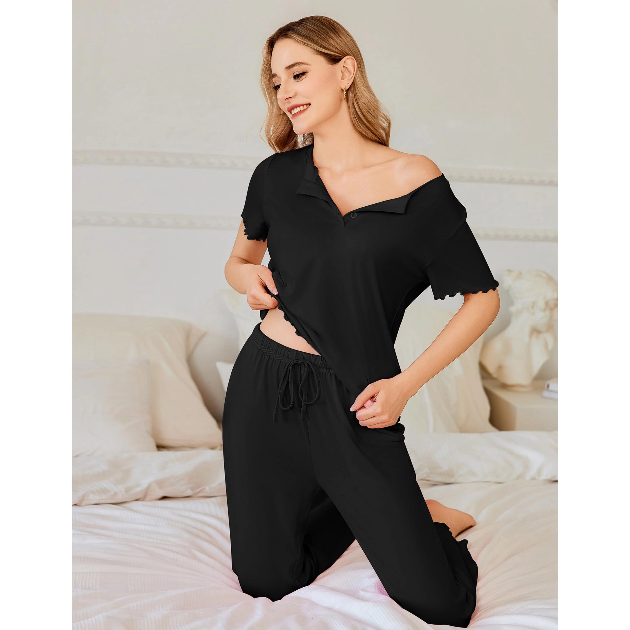 Ekouaer Pajama Sets for Women 2 Piece Short Sleeve Loungewear Button Down Pj Set Soft Sleepwear
