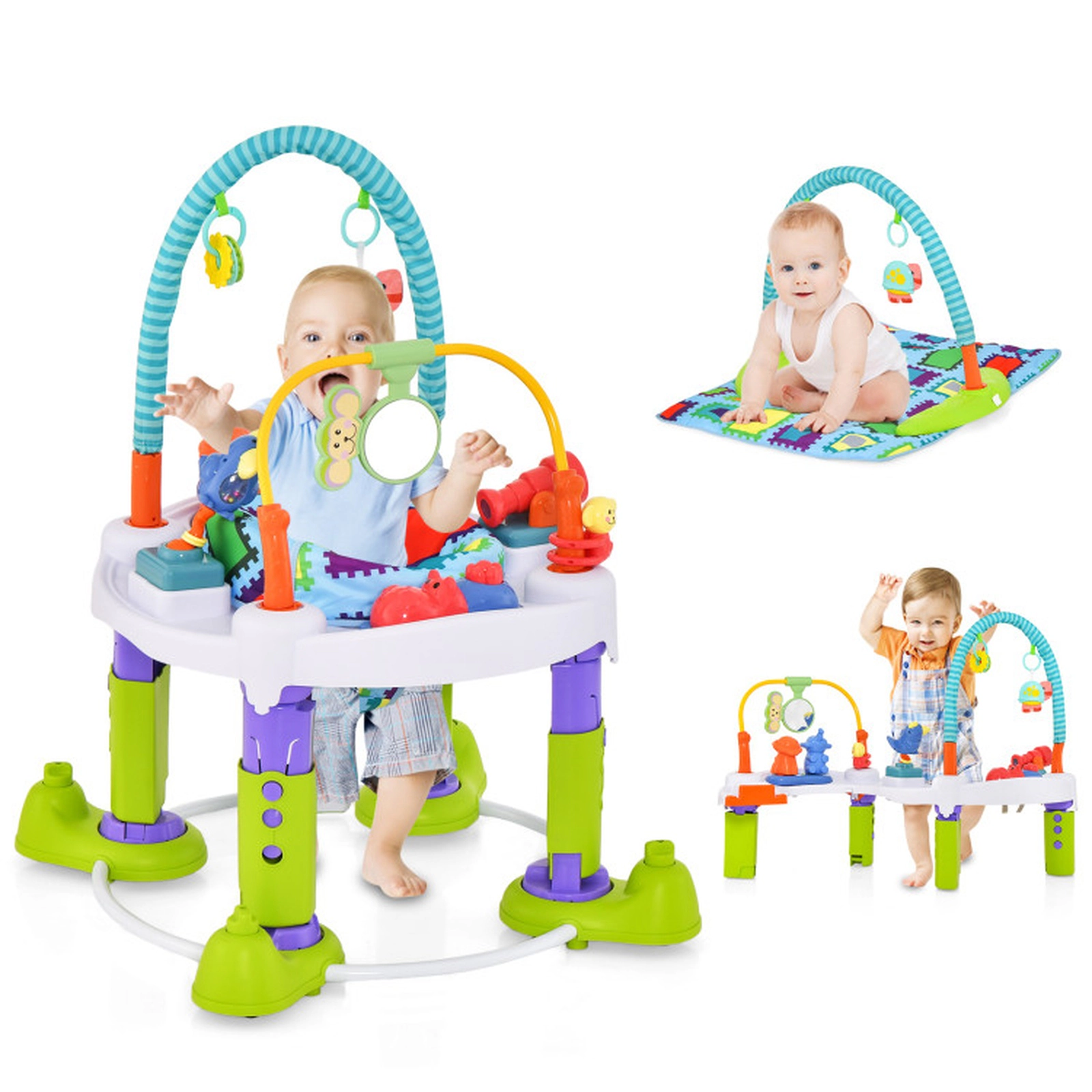 SUGIFT Baby Green 4-in-1 Bouncer Activity Center with 3 Heights and Play Mat 32.5-in Dia 25-lb Seat Capacity