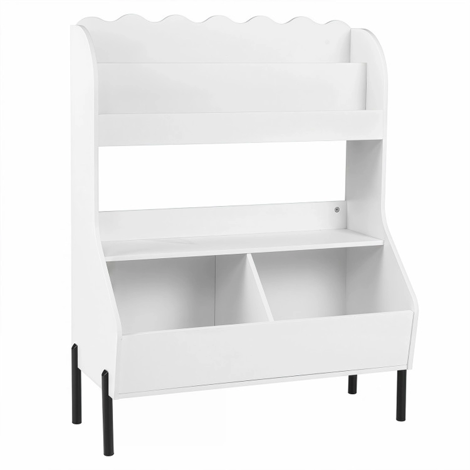 SUGIFT Kids 2-Tier Book Display Open Shelf 2 Storage Bins Metal Legs Wooden Bookshelf 31.5-in x 16-in x 41.5-in White