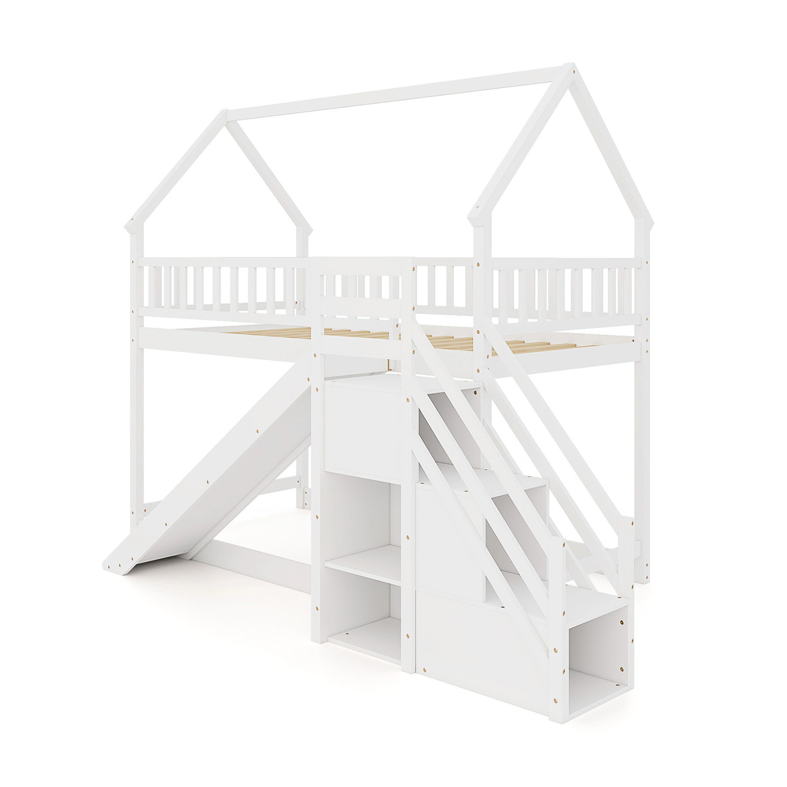 SUGIFT White 63 in Slide Staircase and Storage Shelves Twin Over Twin Kids Bunk Bed
