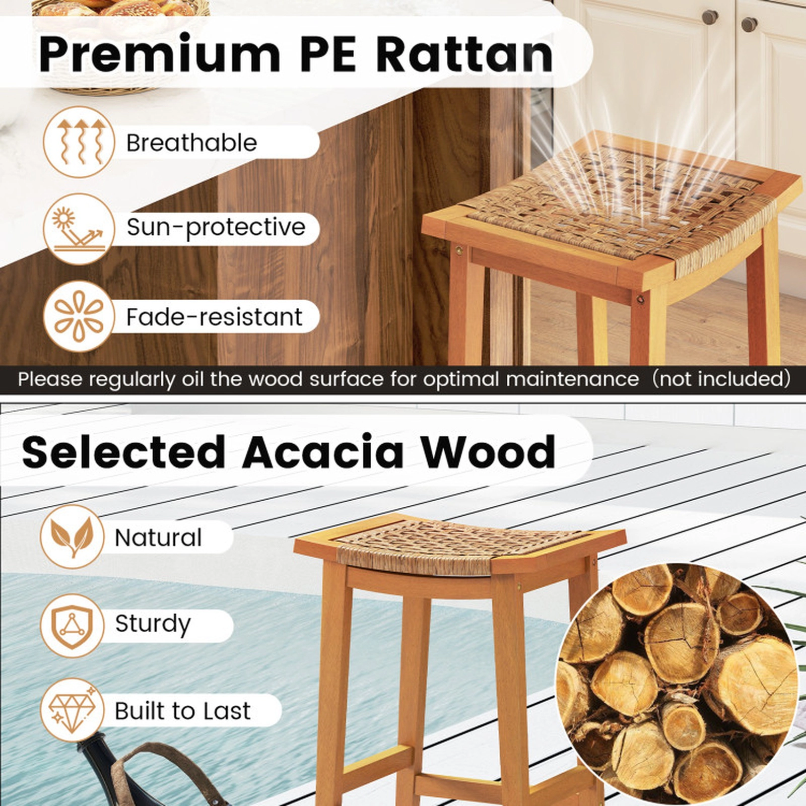 SUGIFT Set of 2 Natural Acacia Wood Bar Stools with PE Rattan Seat, 360 lb Capacity