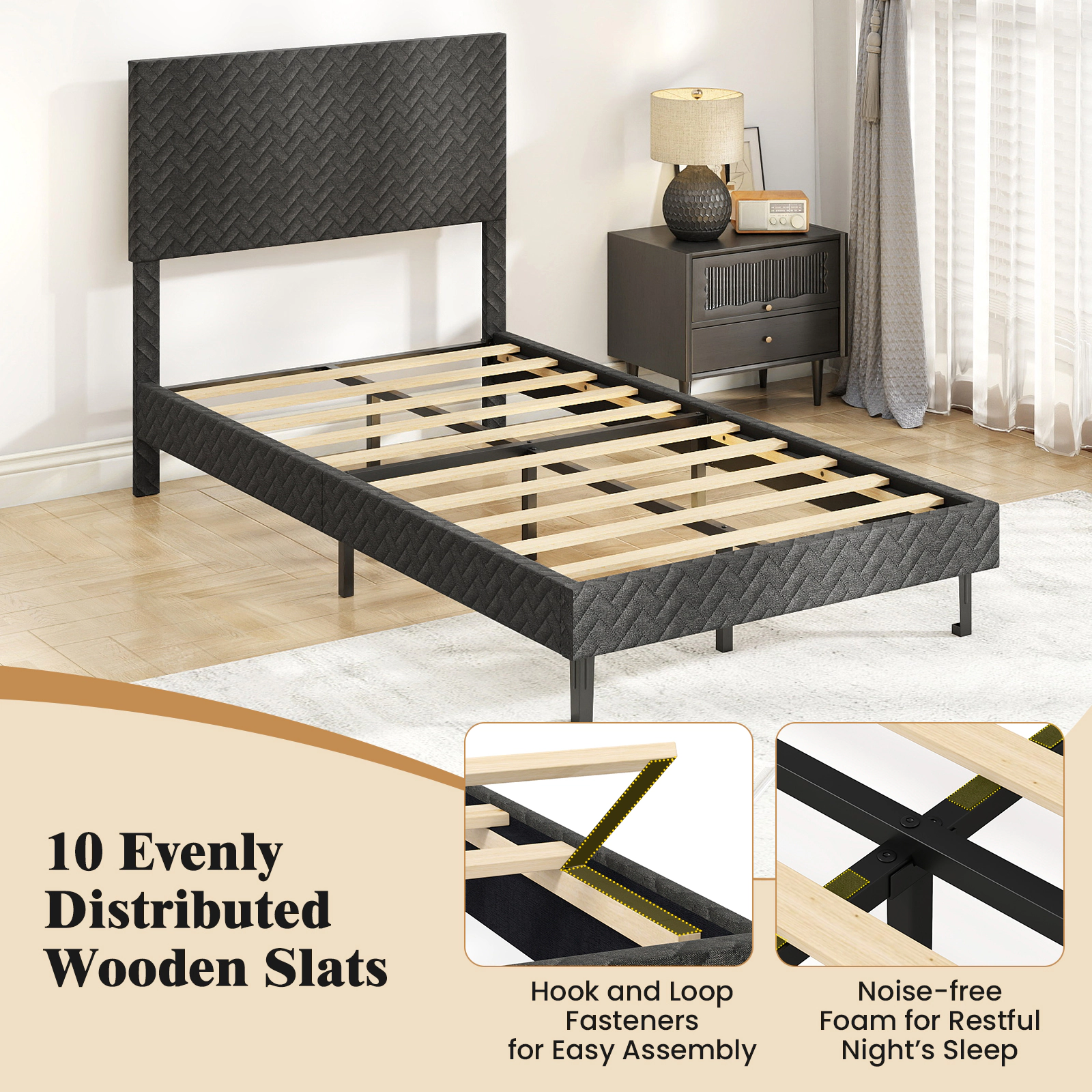 SUGIFT Velvet Upholstered Platform Twin Bed Frame with Adjustable Chevron Headboard 500-Lb Capacity 77.5-in Frame Gray