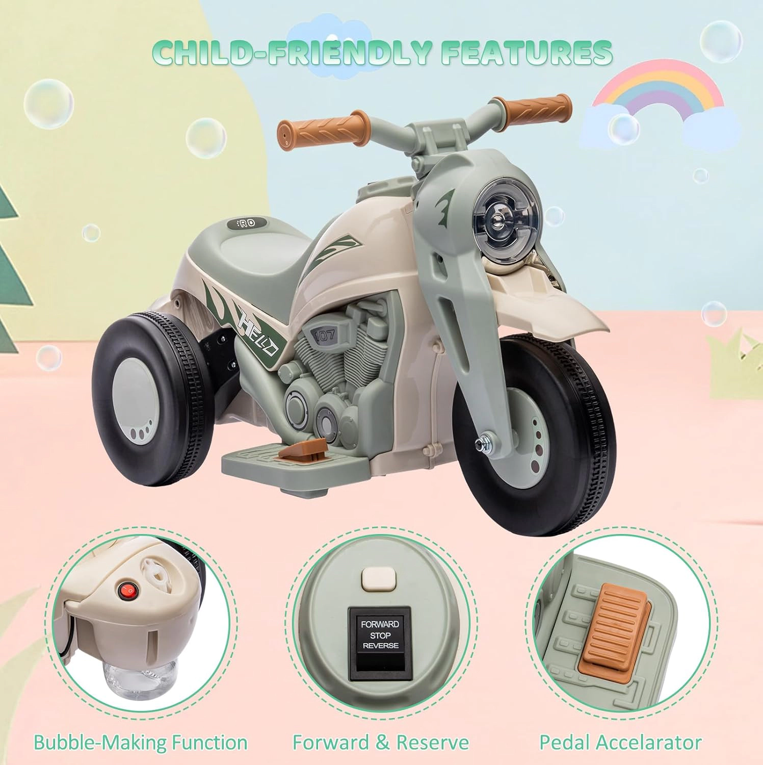 Ride-On Bubble Motorcycle for Kids, 6V Electric 3-Wheel Toy with Light, Music & Maker