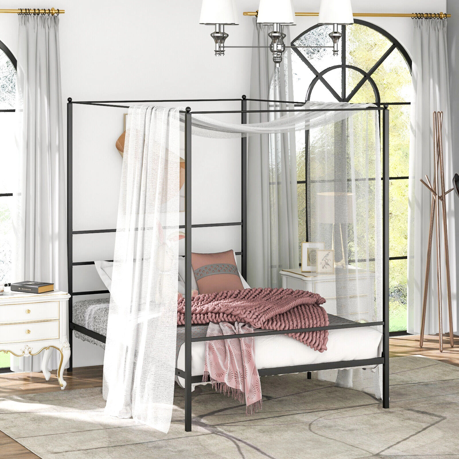 SUGIFT Black 4 Posts and Slat Support Full Size Metal Canopy Bed Frame