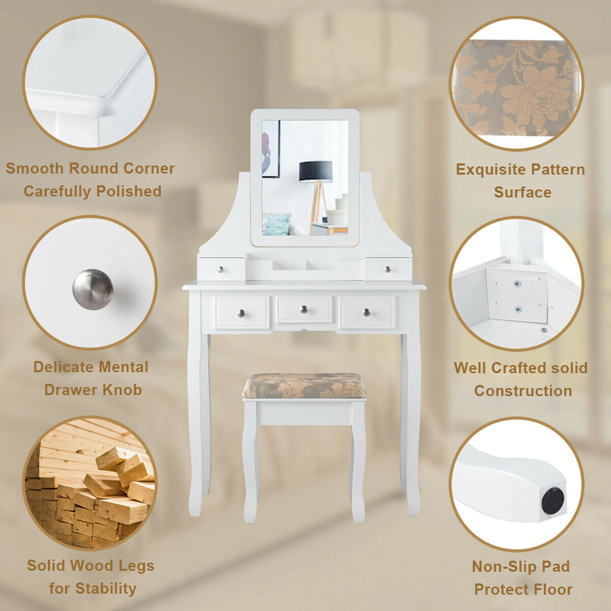 SUGIFT White Makeup Vanity Set with 5 Drawers, Rotating Mirror, Removable Top Box and Stool