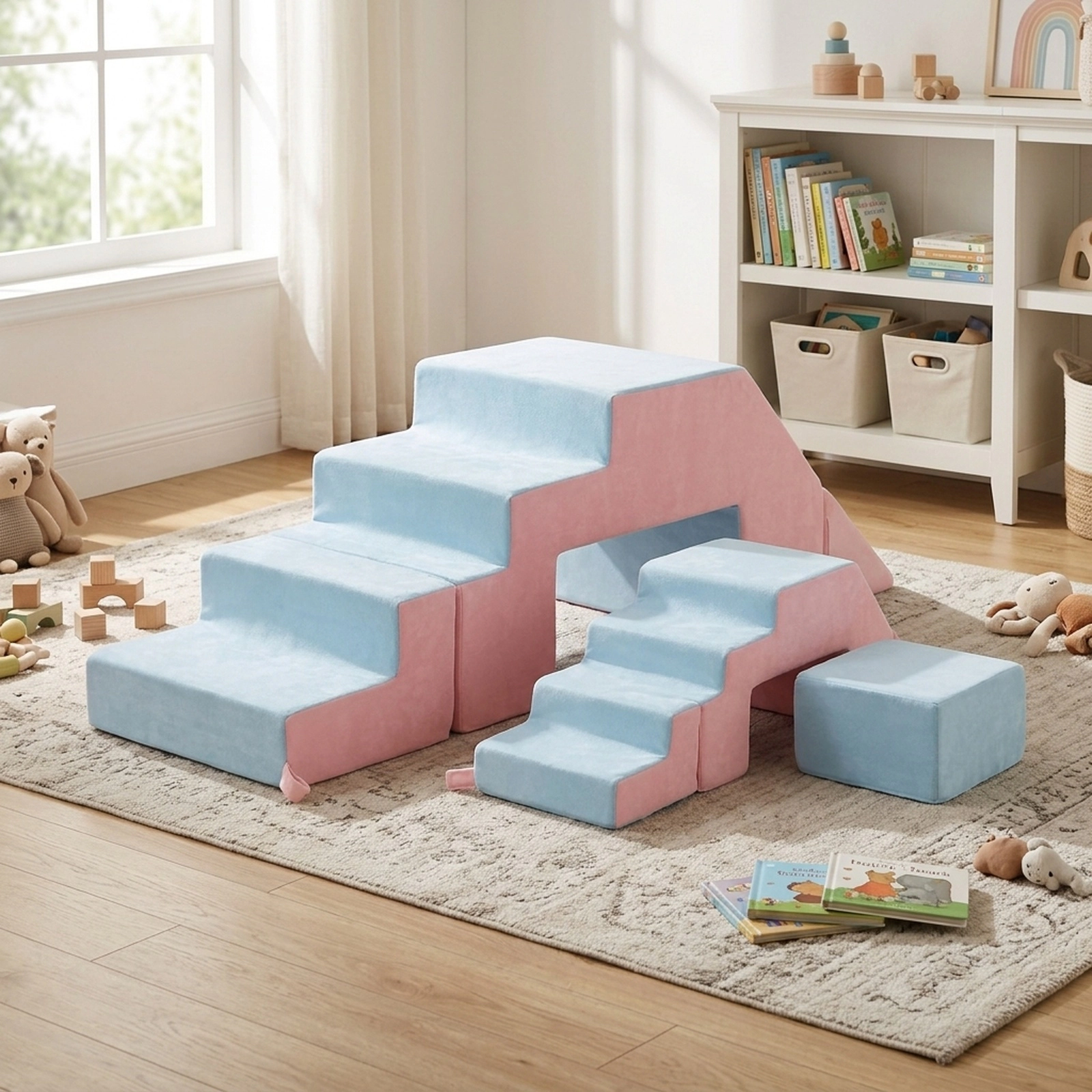 4-in-1 Foam Climbing Blocks Toddlers Crystal Velvet Indoor Climb Crawl Slide Sit Set Foldable Soft Play Toys Pink