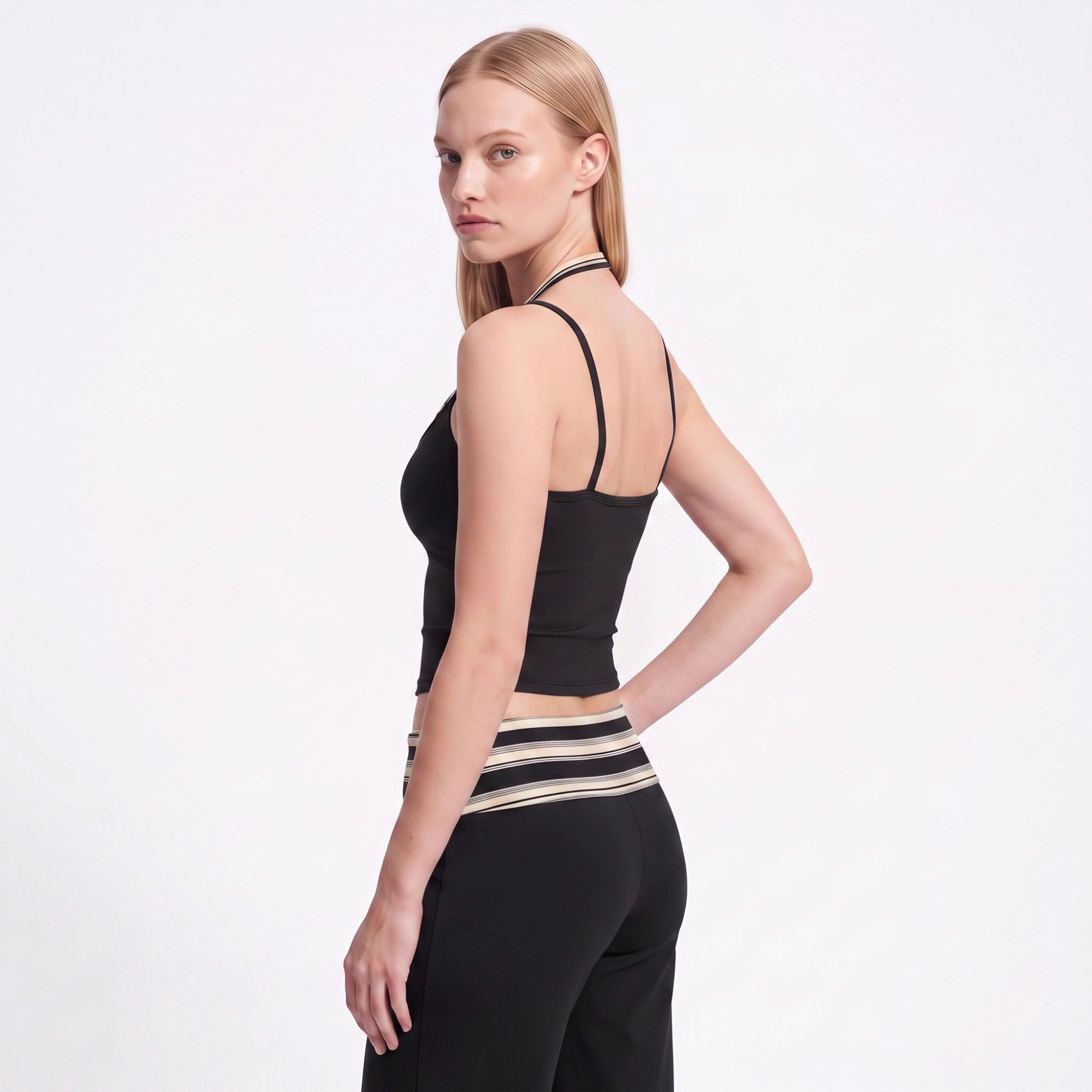 Anna-Kaci Women's Layered Striped Halter Cropped Active Tank Top with Slim Straps for Workouts and Athleisure